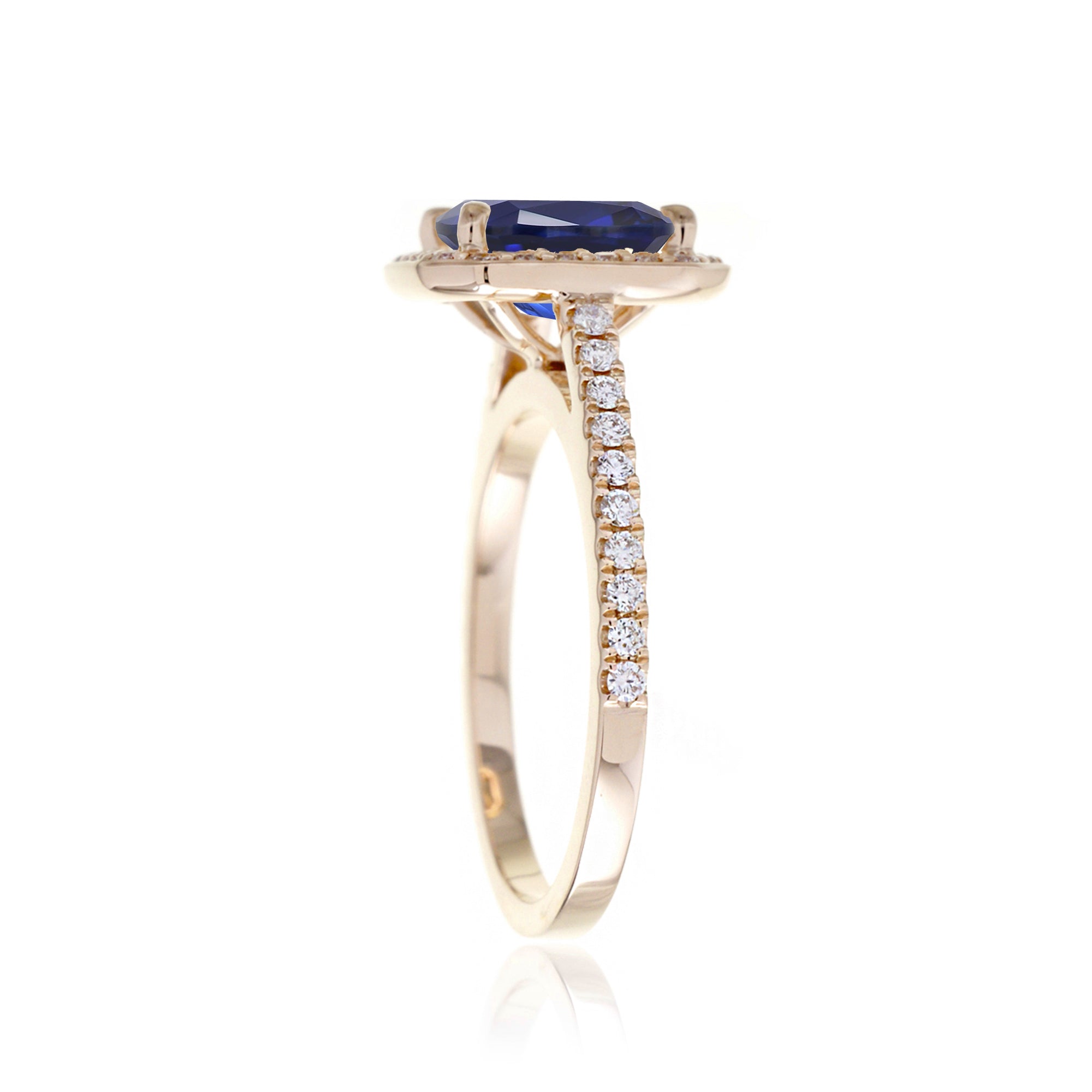 Cushion lab-grown sapphire diamond halo cathedral engagement ring - the Steffy yellow gold