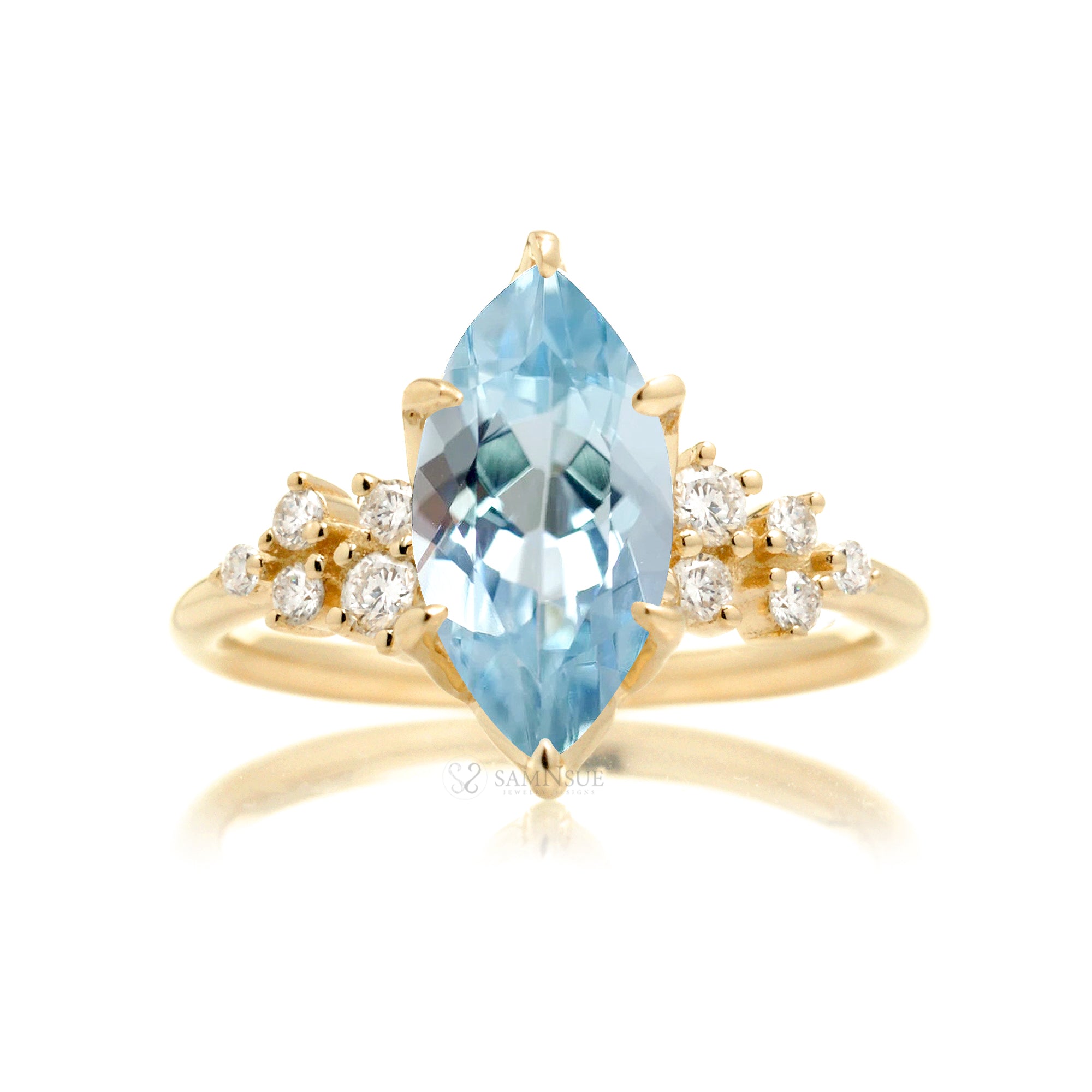 Marquise cut aquamarine diamond stella ring yellow gold