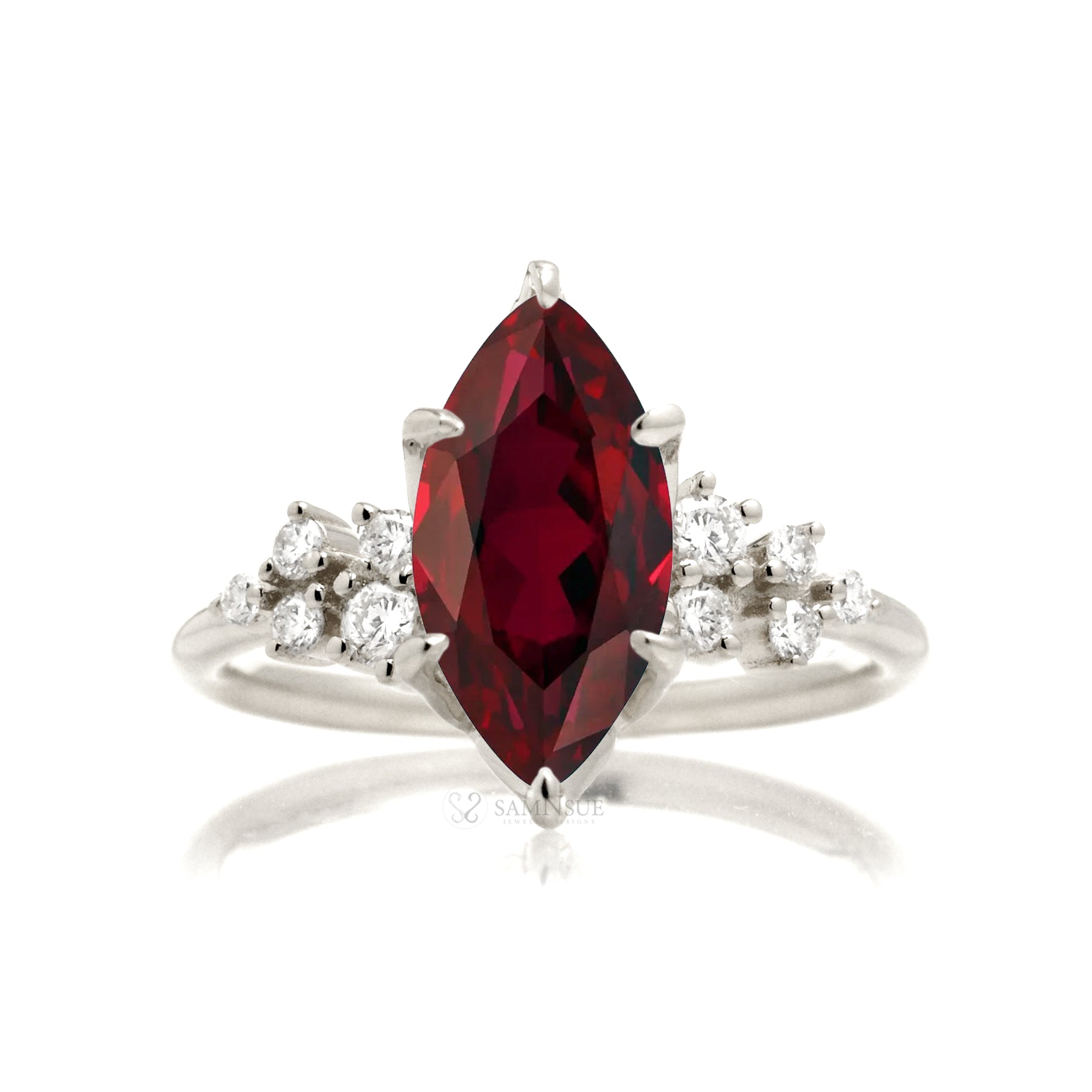 Marquise ruby and diamond solitaire engagement ring in white gold or platinum