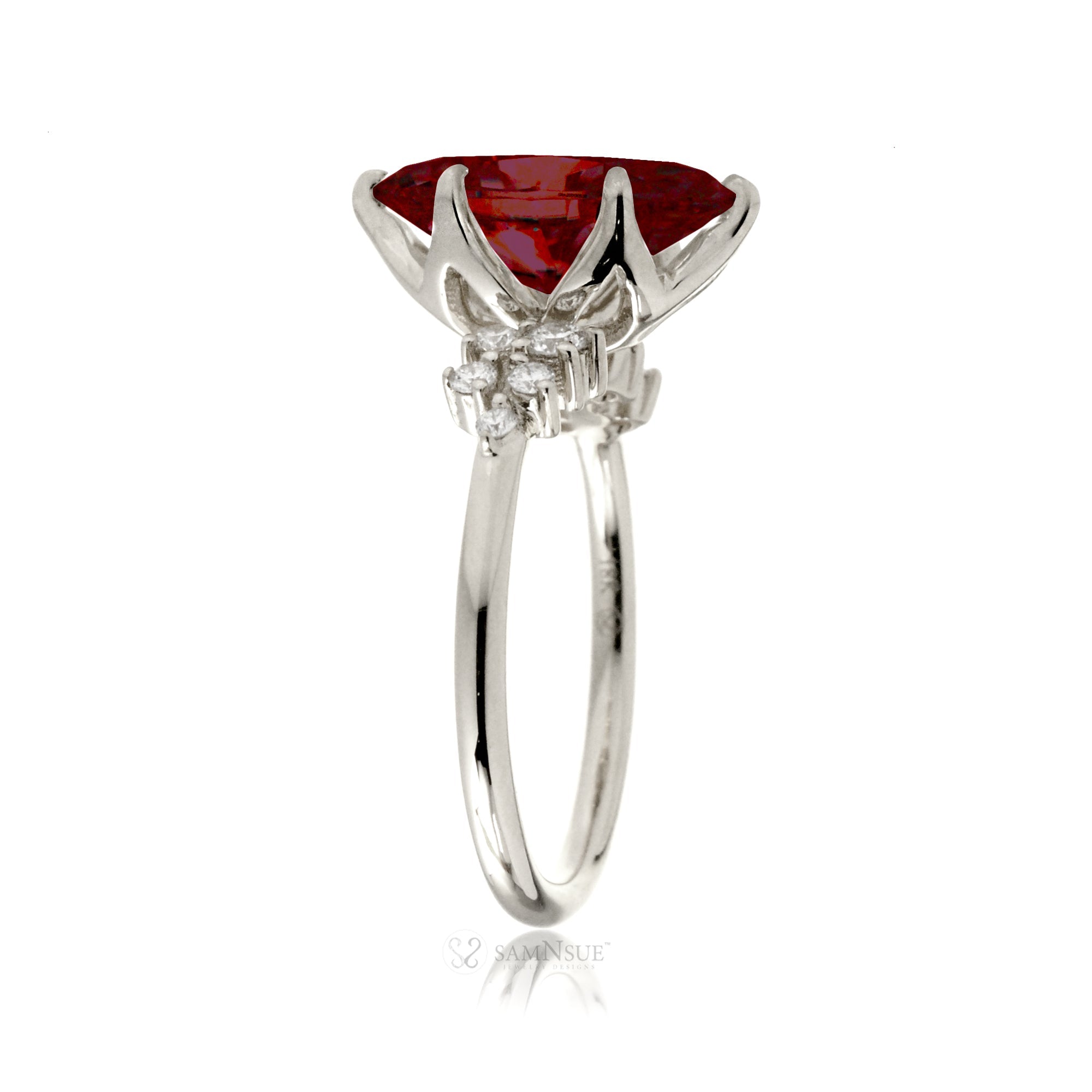 Marquise ruby and diamond solitaire engagement ring in white gold or platinum