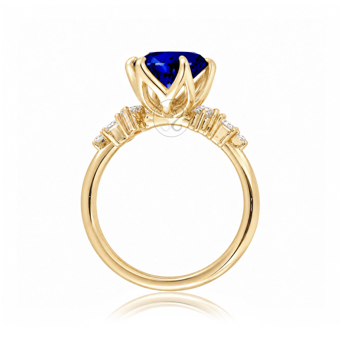 Blue sapphire oval cut solitaire engagement ring in yellow gold