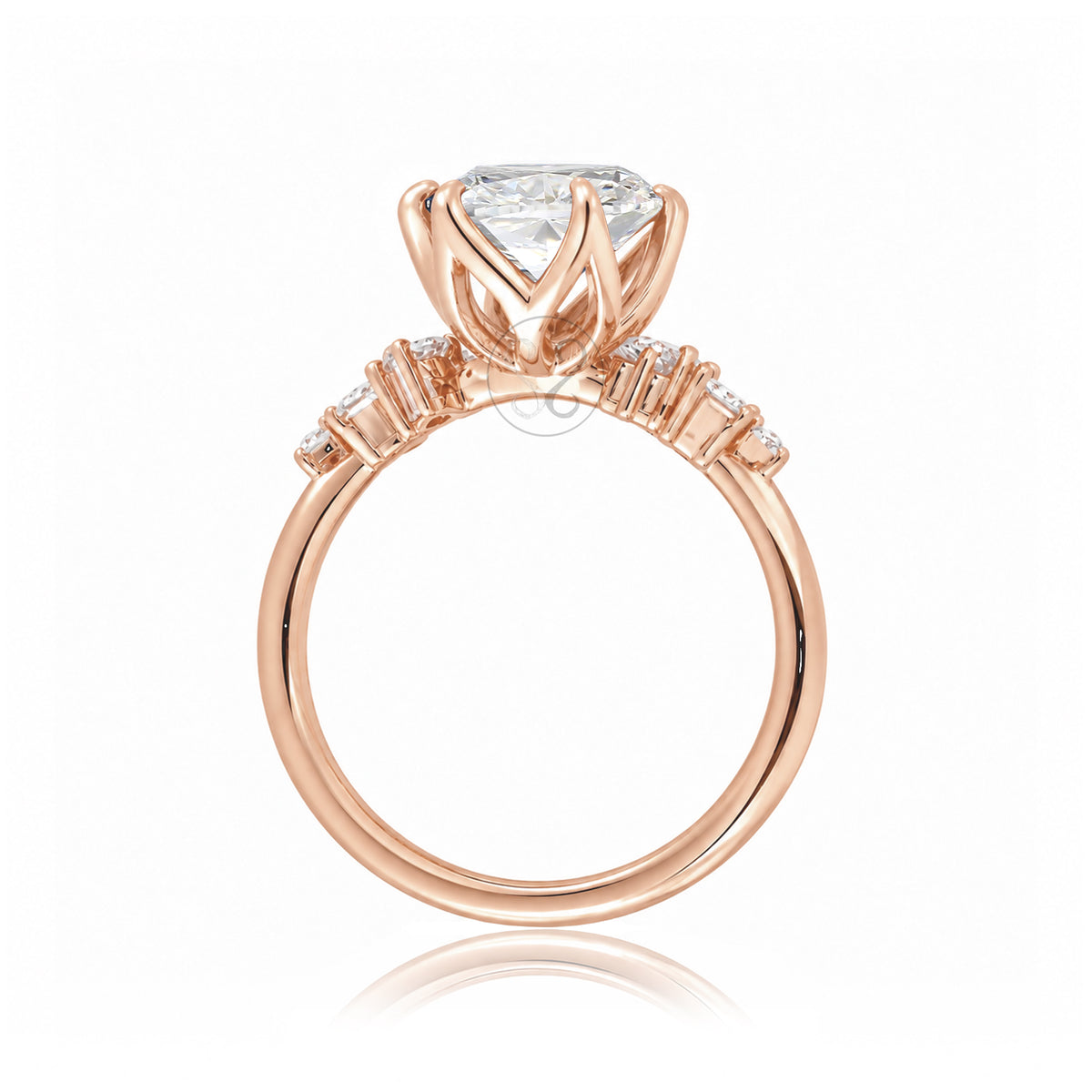 Oval moissanite ring with side diamond constellation in the Stella rose gold ring