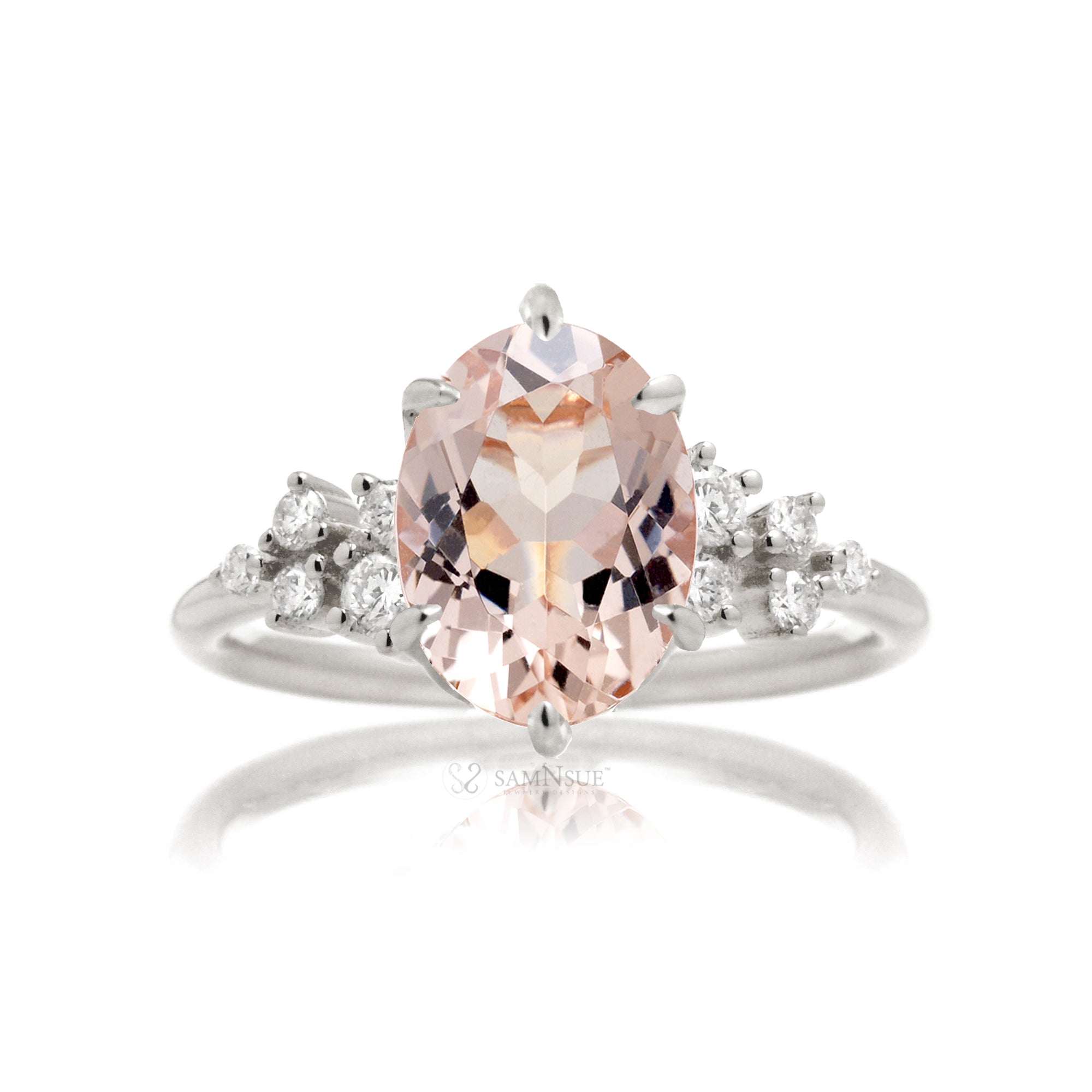 Oval cut morganite ring with diamond accent in white gold