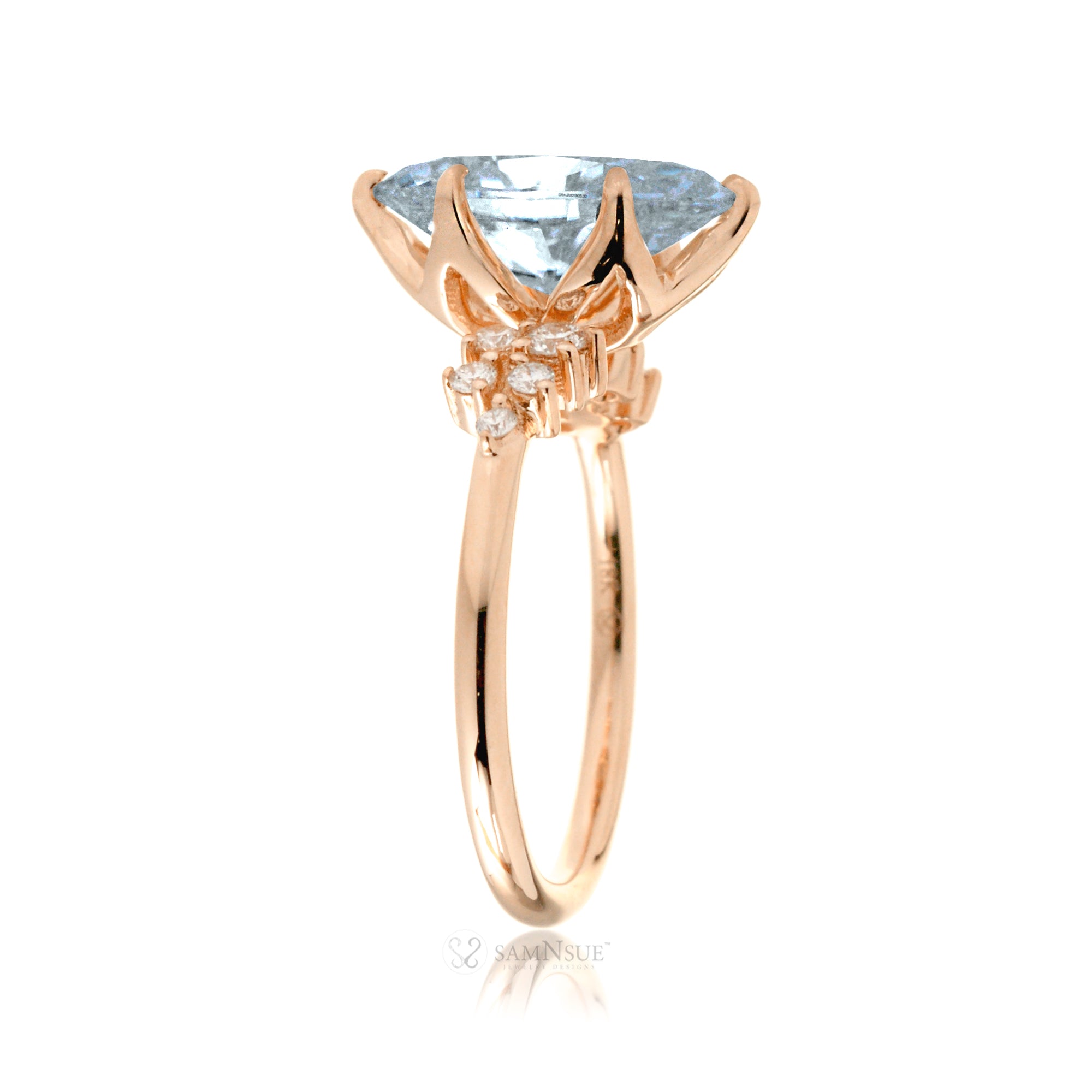 Pear aquamarine diamond three stone ring rose gold