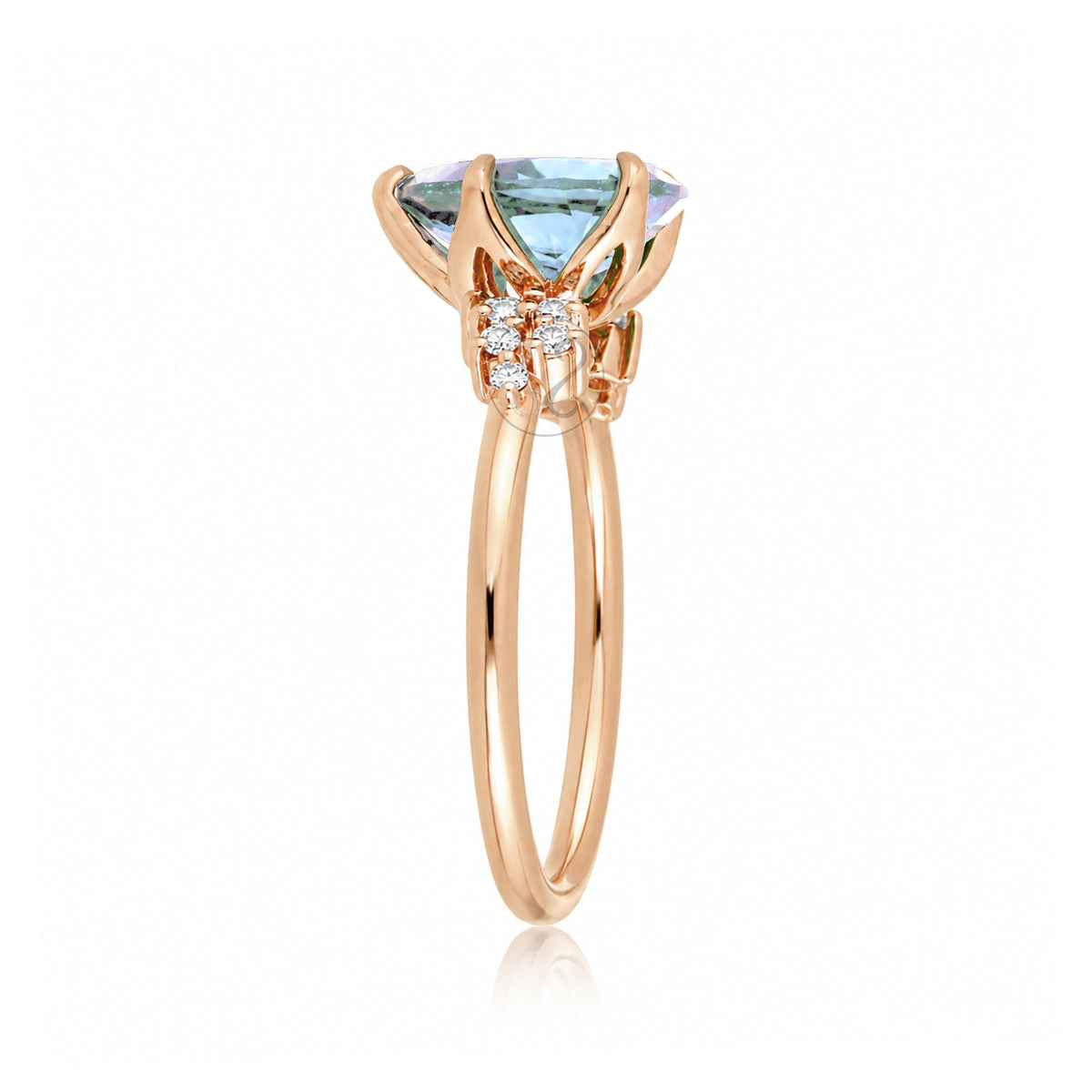 Pear aquamarine diamond three stone ring rose gold