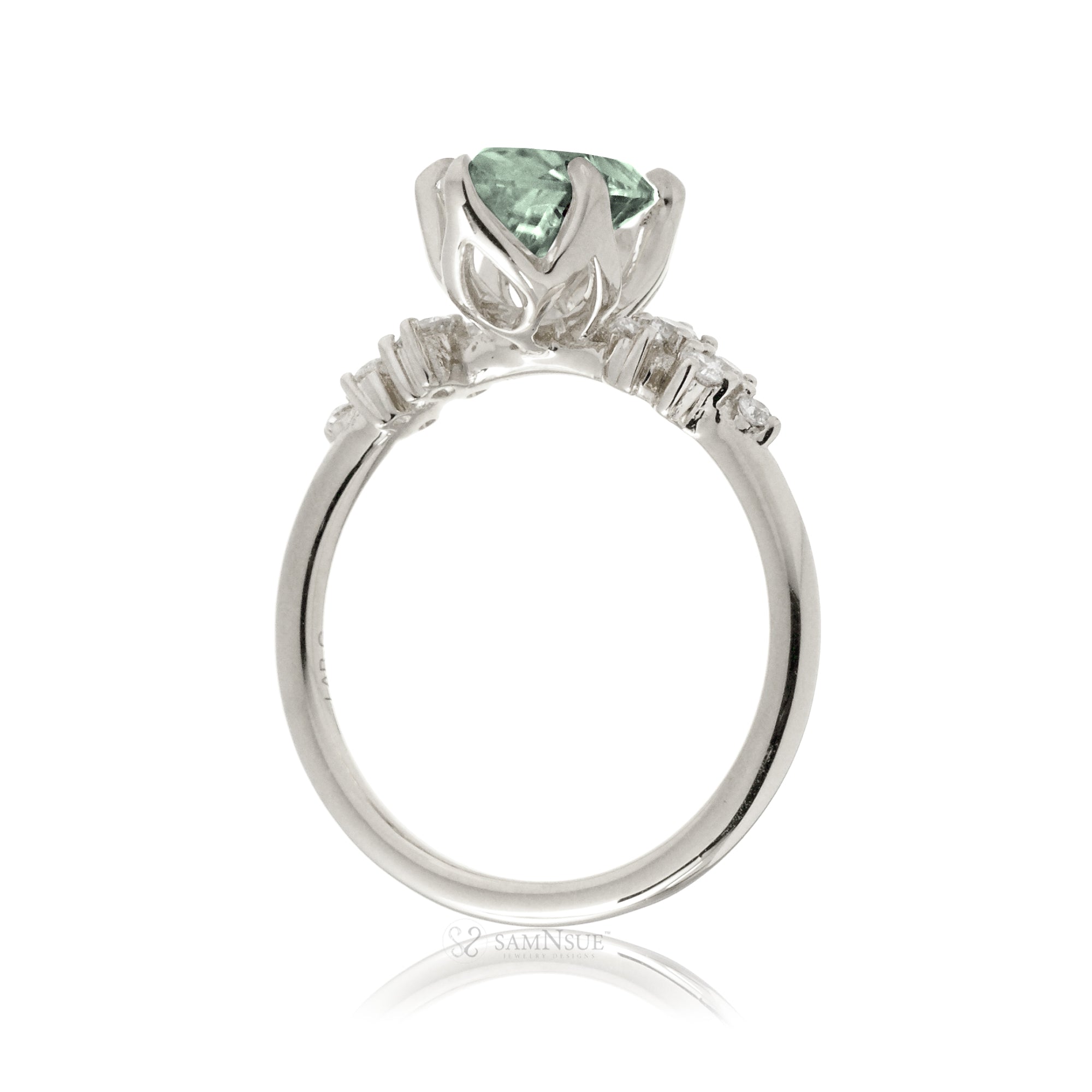 Green sapphire ring pear cut diamond three stone ring white gold
