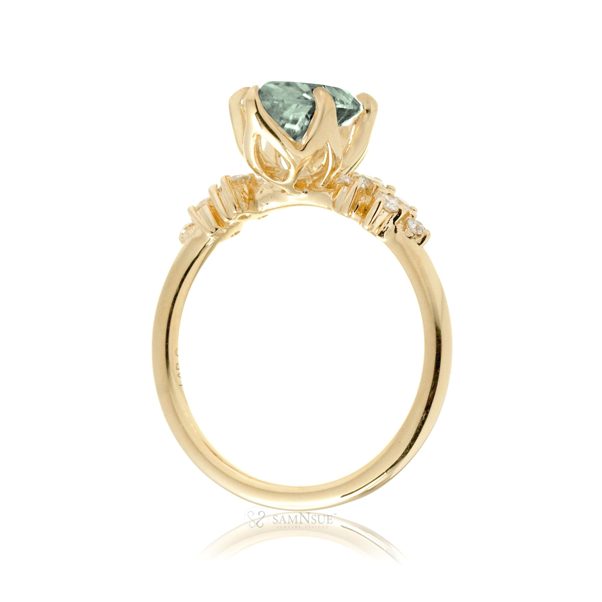 Green sapphire ring pear cut diamond three stone ring yellow gold