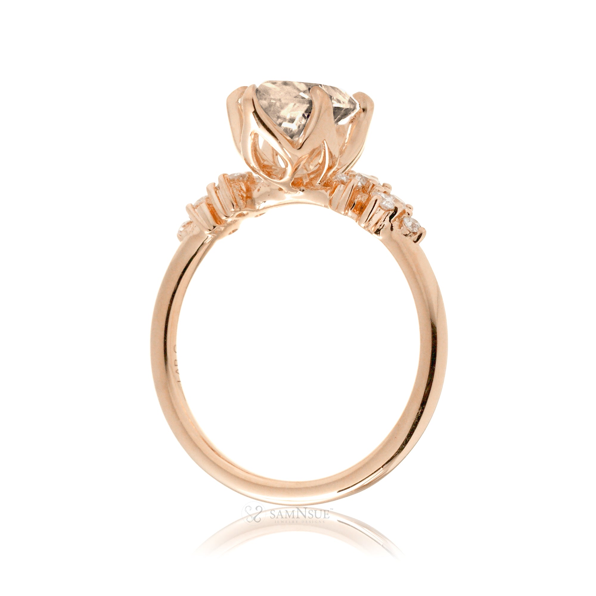 Pear morganite three stone diamond ring rose gold