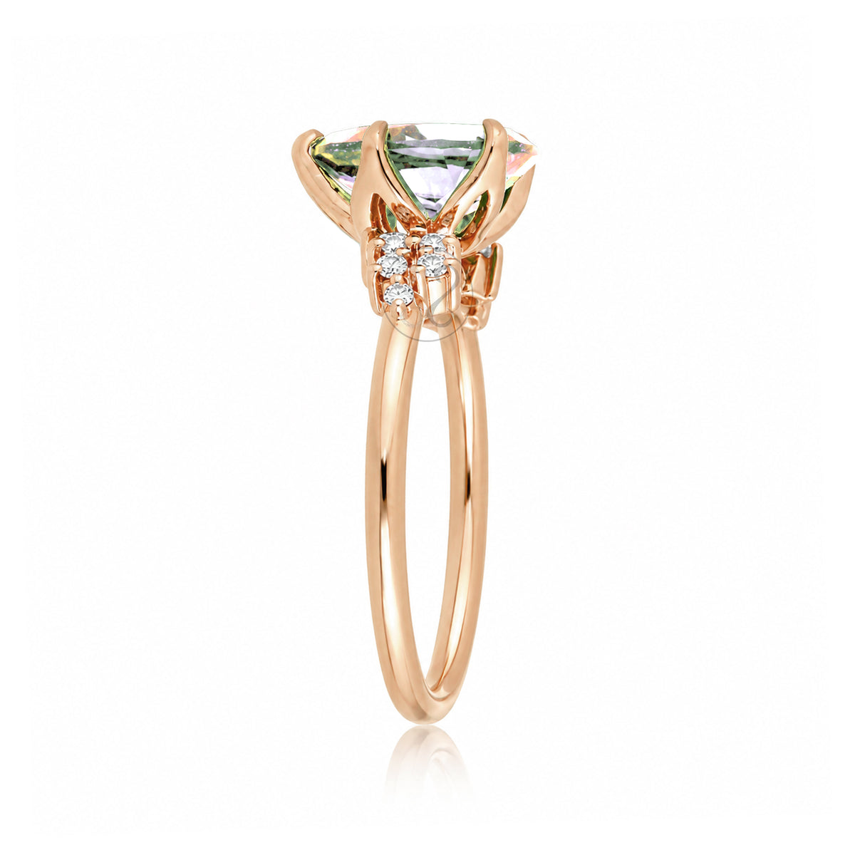 Pear morganite three stone diamond ring rose gold