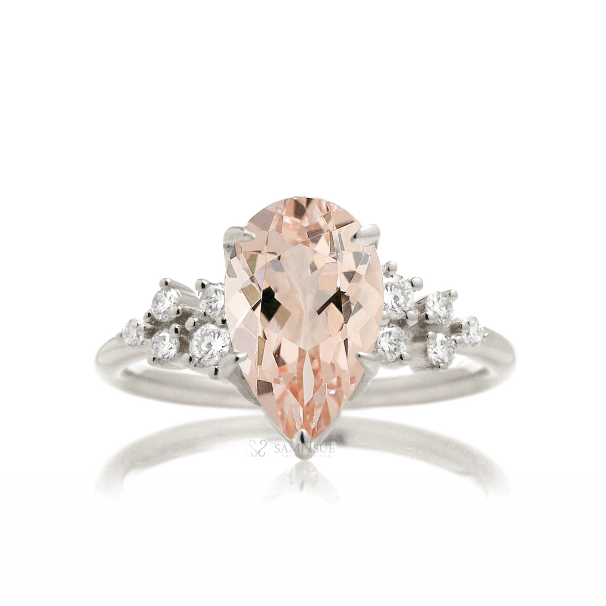 Pear morganite three stone diamond ring white gold
