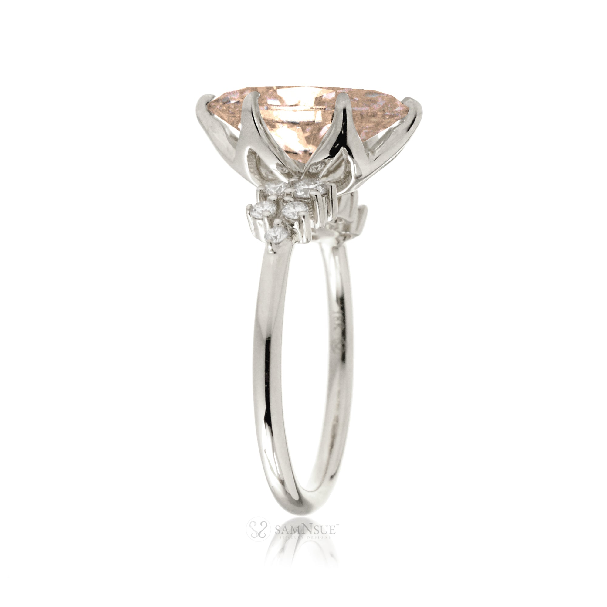 Pear morganite three stone diamond ring white gold