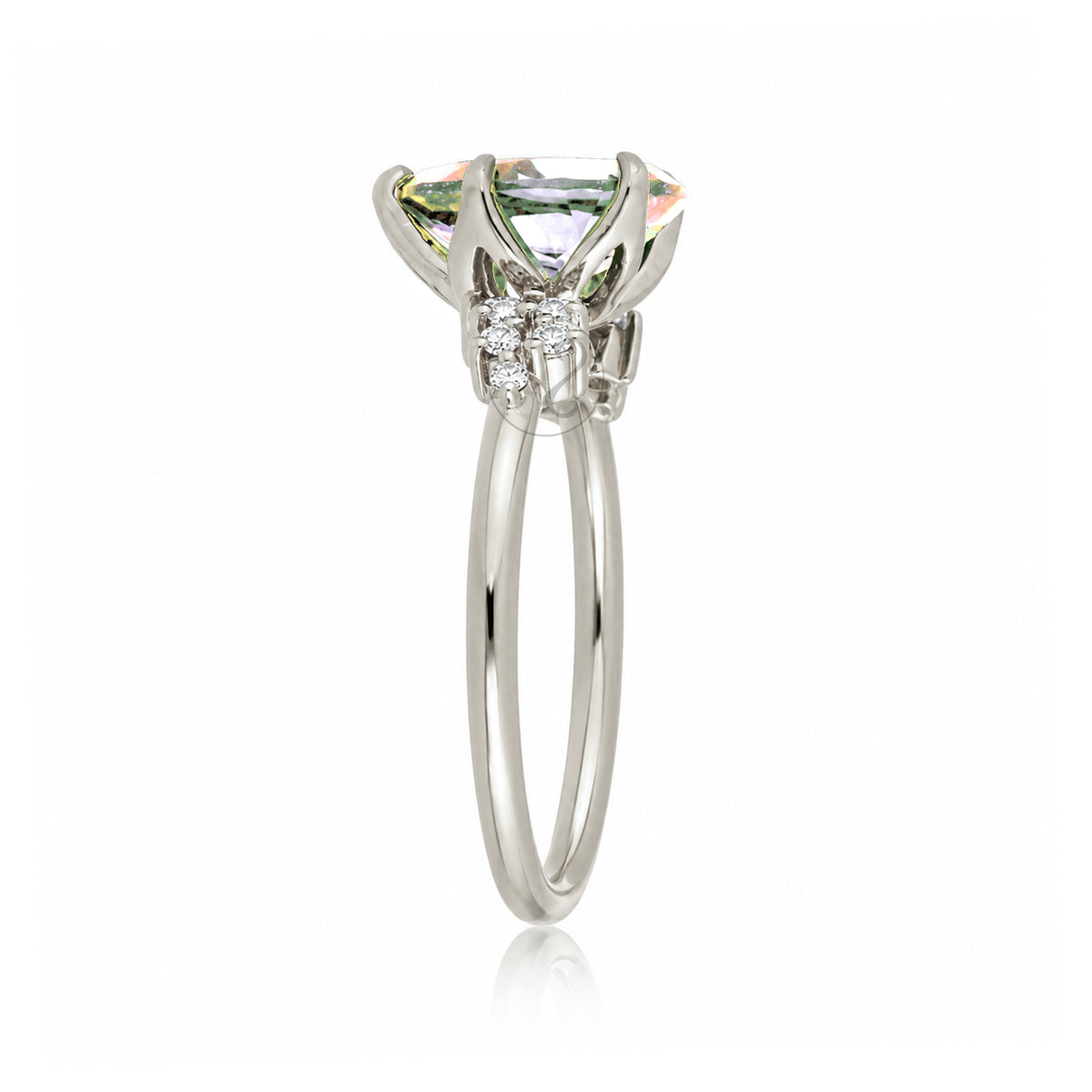 Pear morganite three stone diamond ring white gold