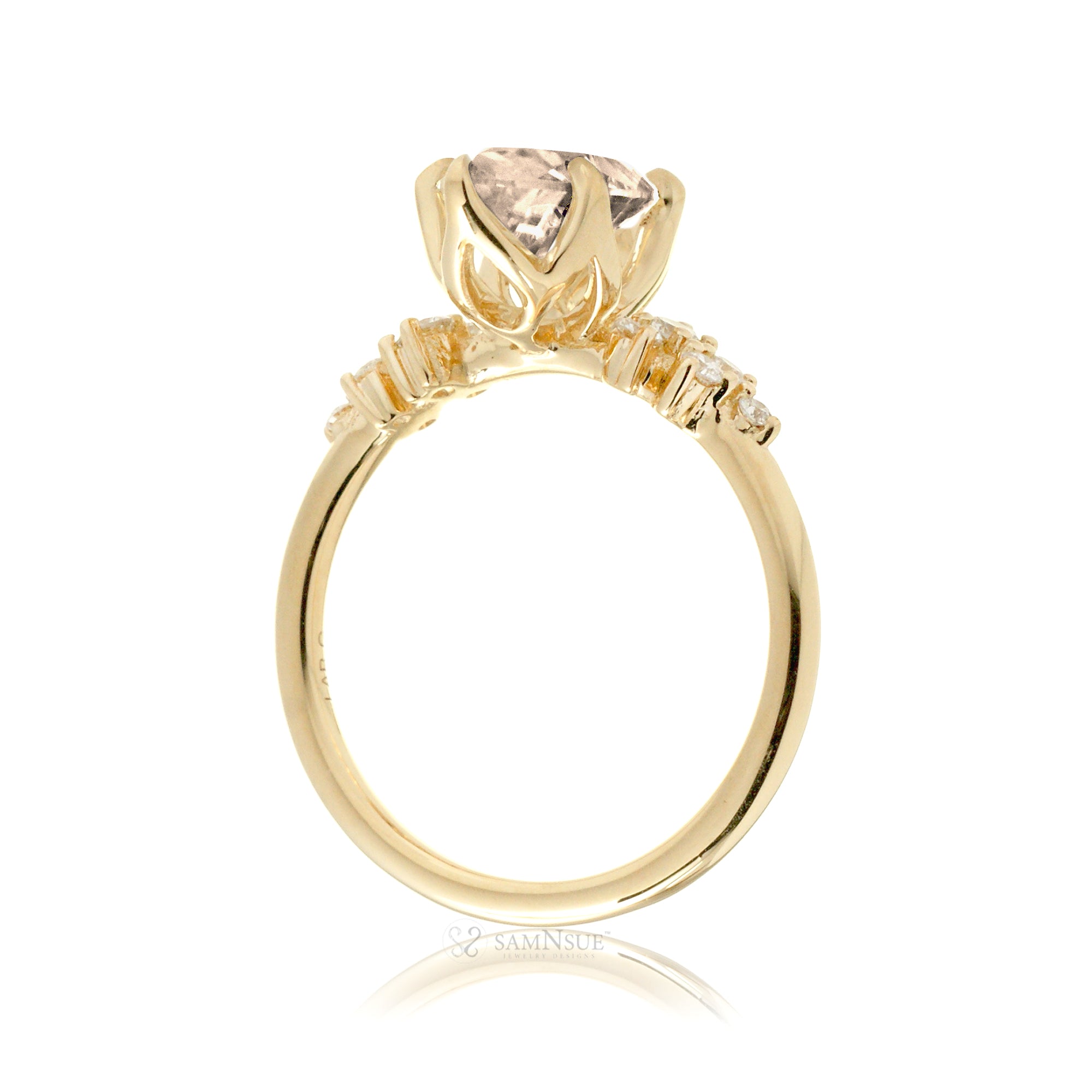 Pear morganite three stone diamond ring yellow gold