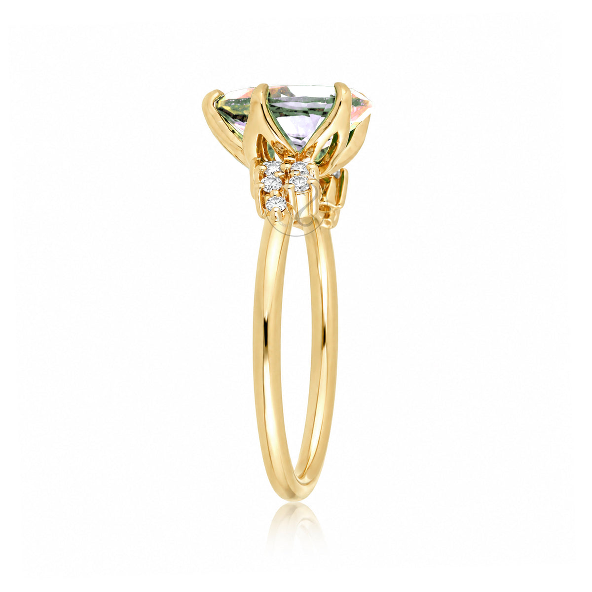 Pear morganite three stone diamond ring yellow gold