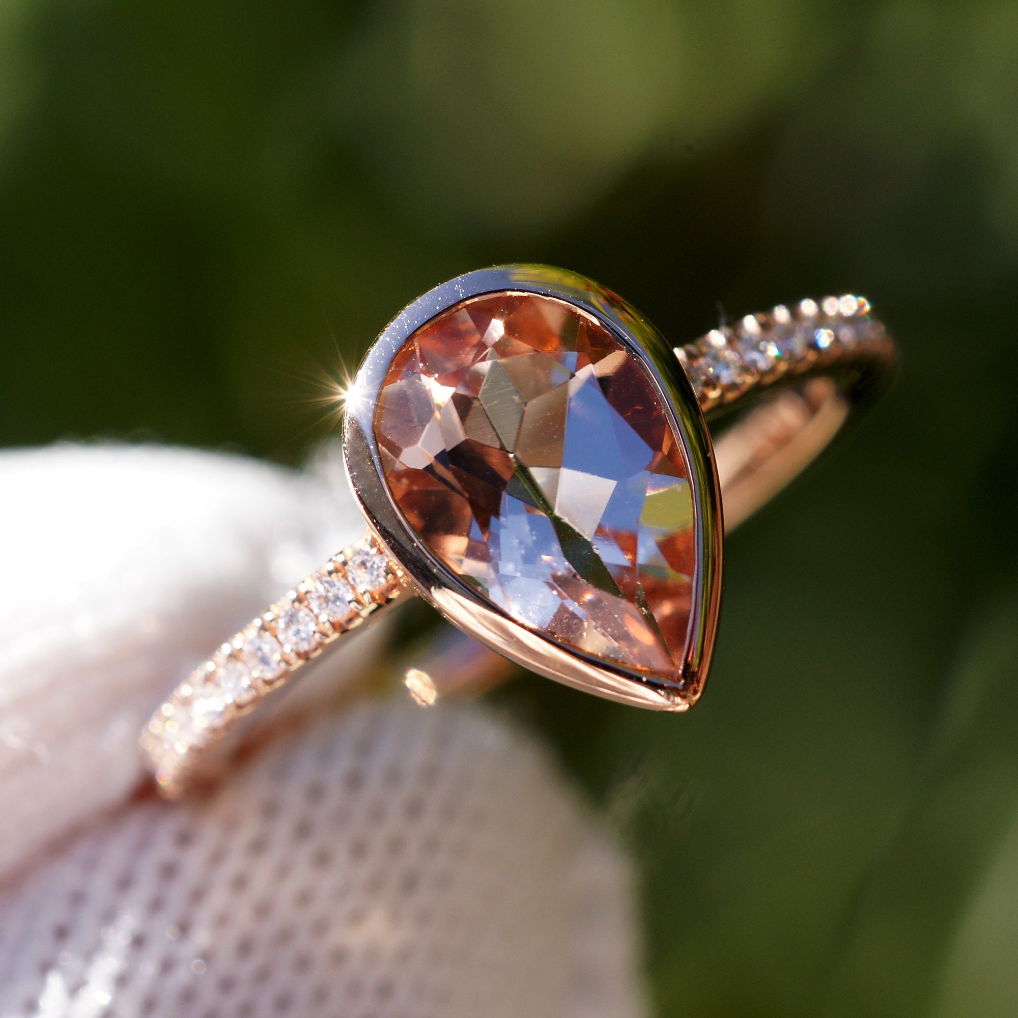 Pear morganite ring with diamond band in rose gold