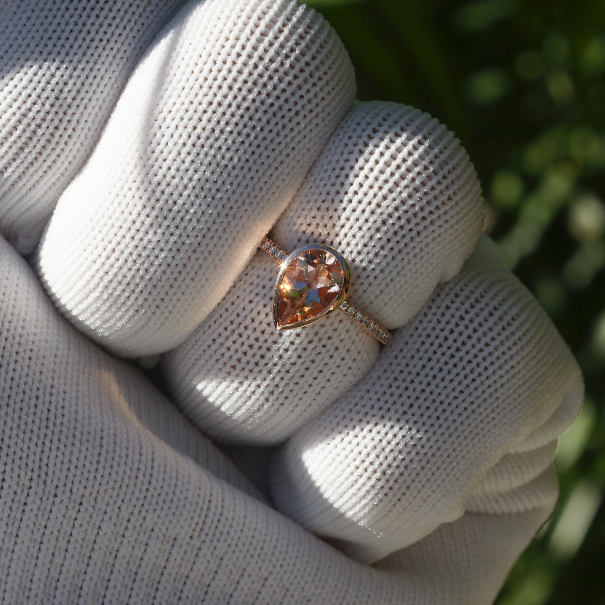 Pear morganite ring with diamond band in rose gold