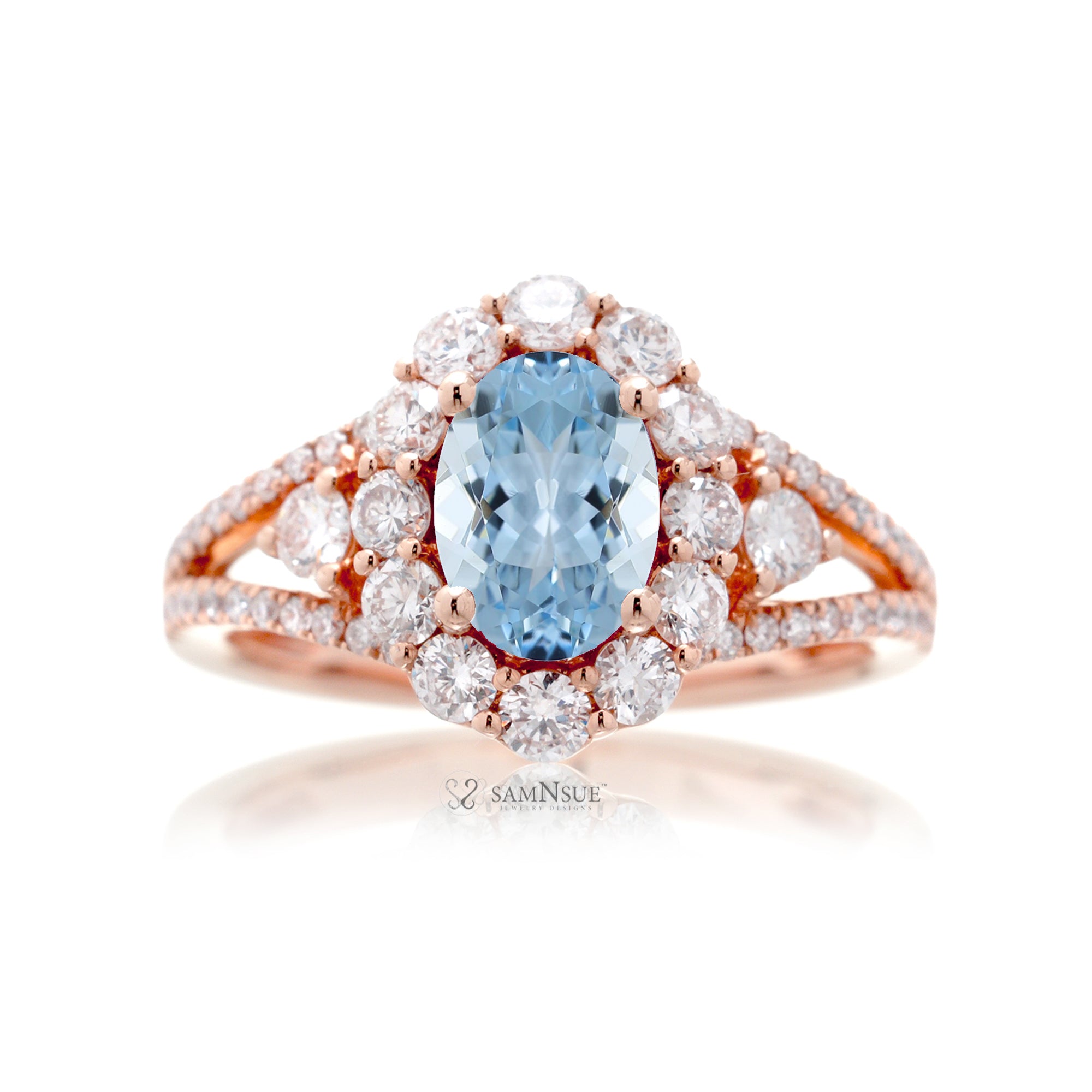 Oval cut aquamarine diamond halo split band three stone ring rose gold