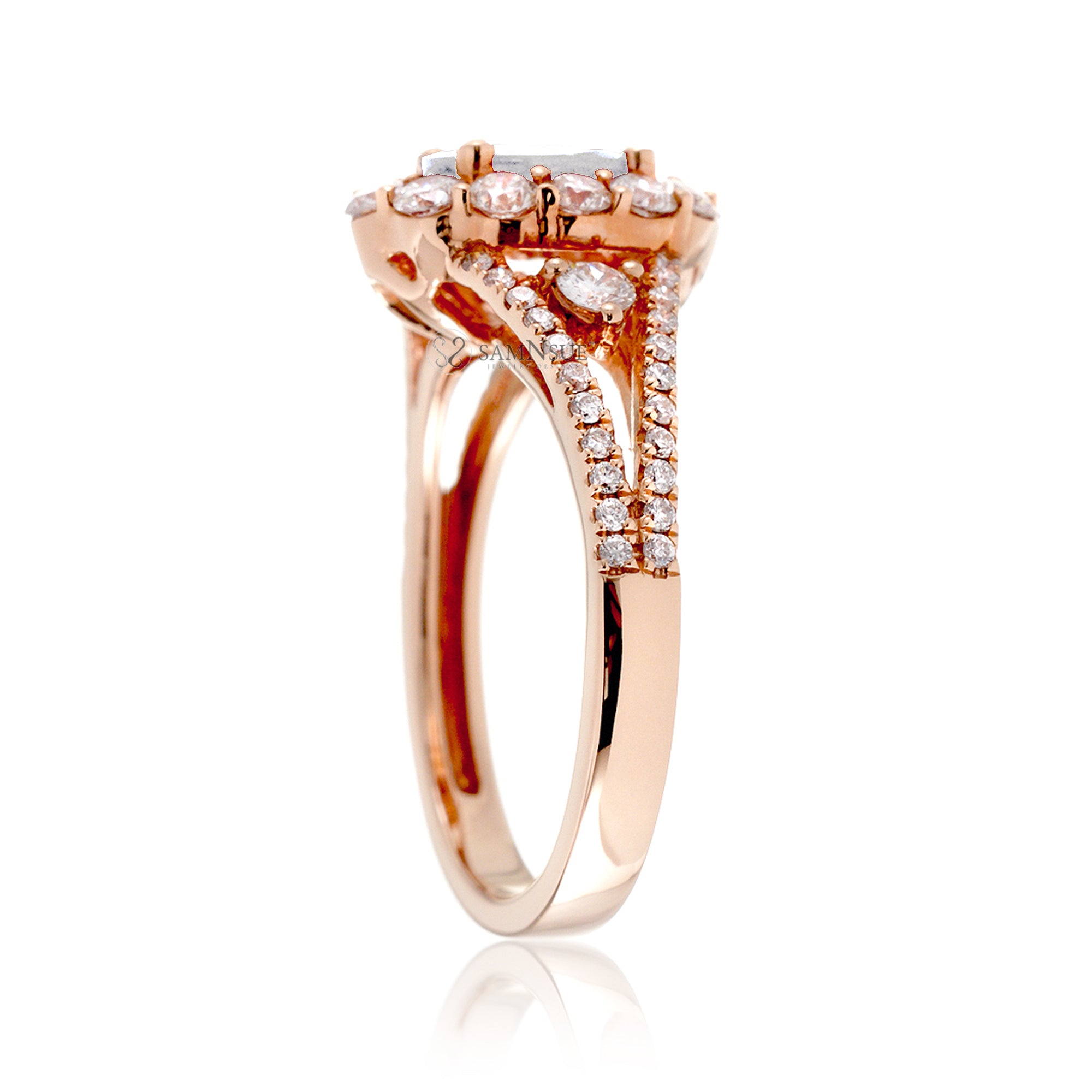 Oval diamond ring with halo split band and three stone design in rose gold