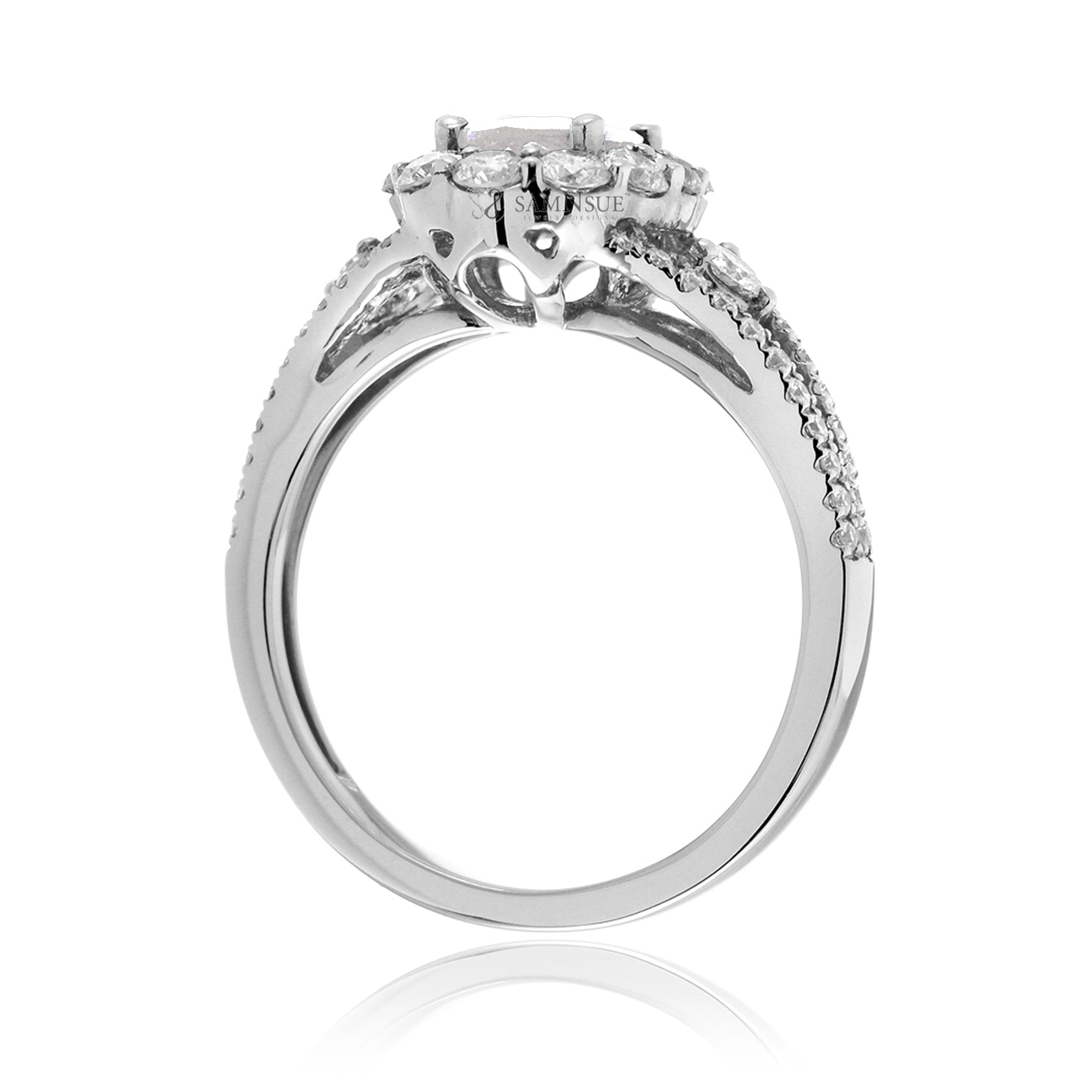 Oval diamond ring with halo split band and three stone design in white gold