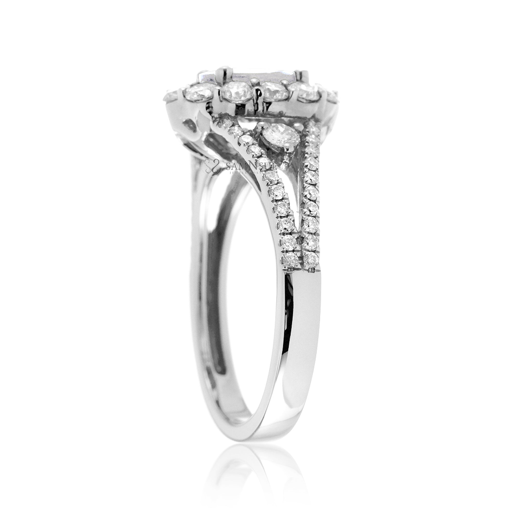 Oval diamond ring with halo split band and three stone design in white gold