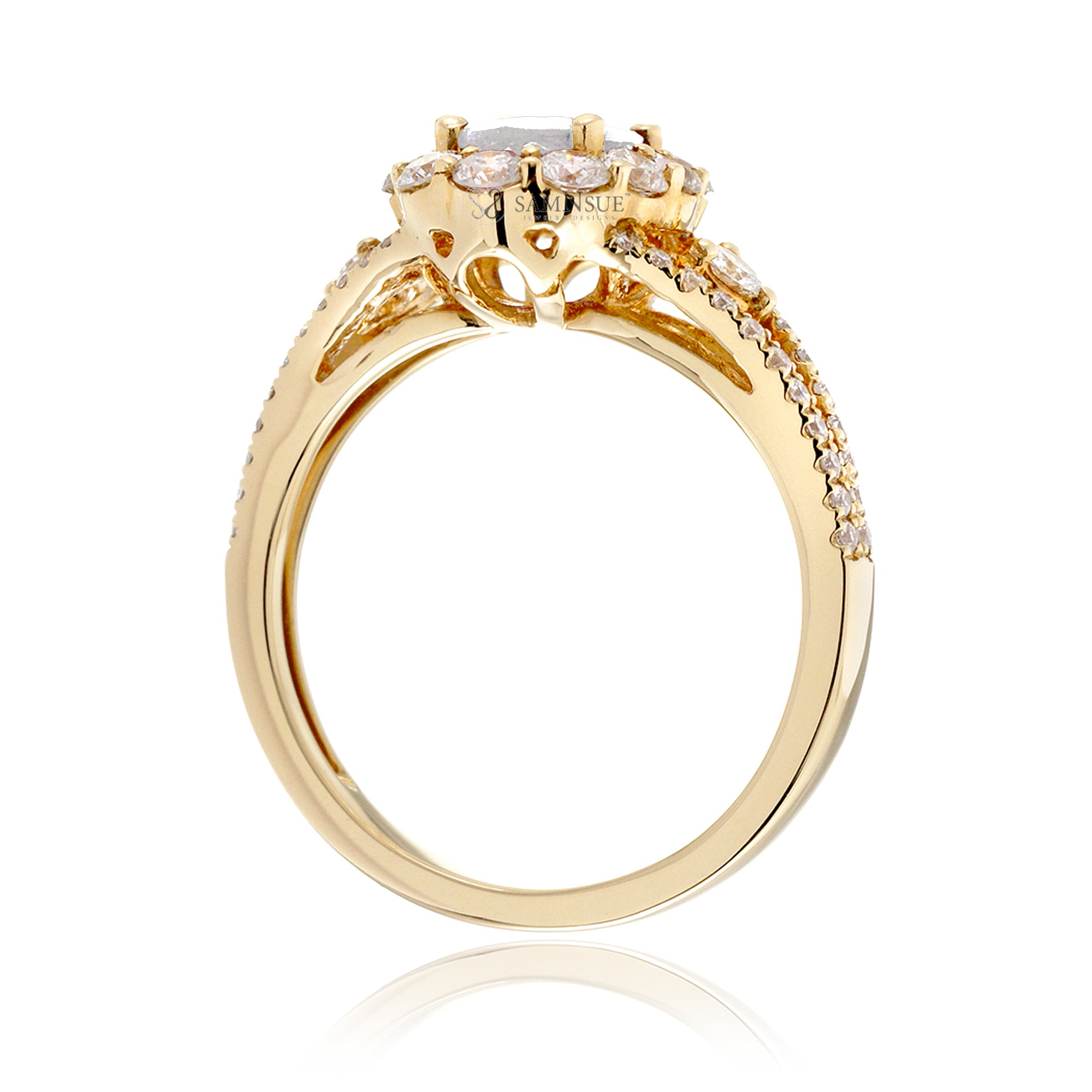 Oval diamond ring with halo split band and three stone design in yellow gold