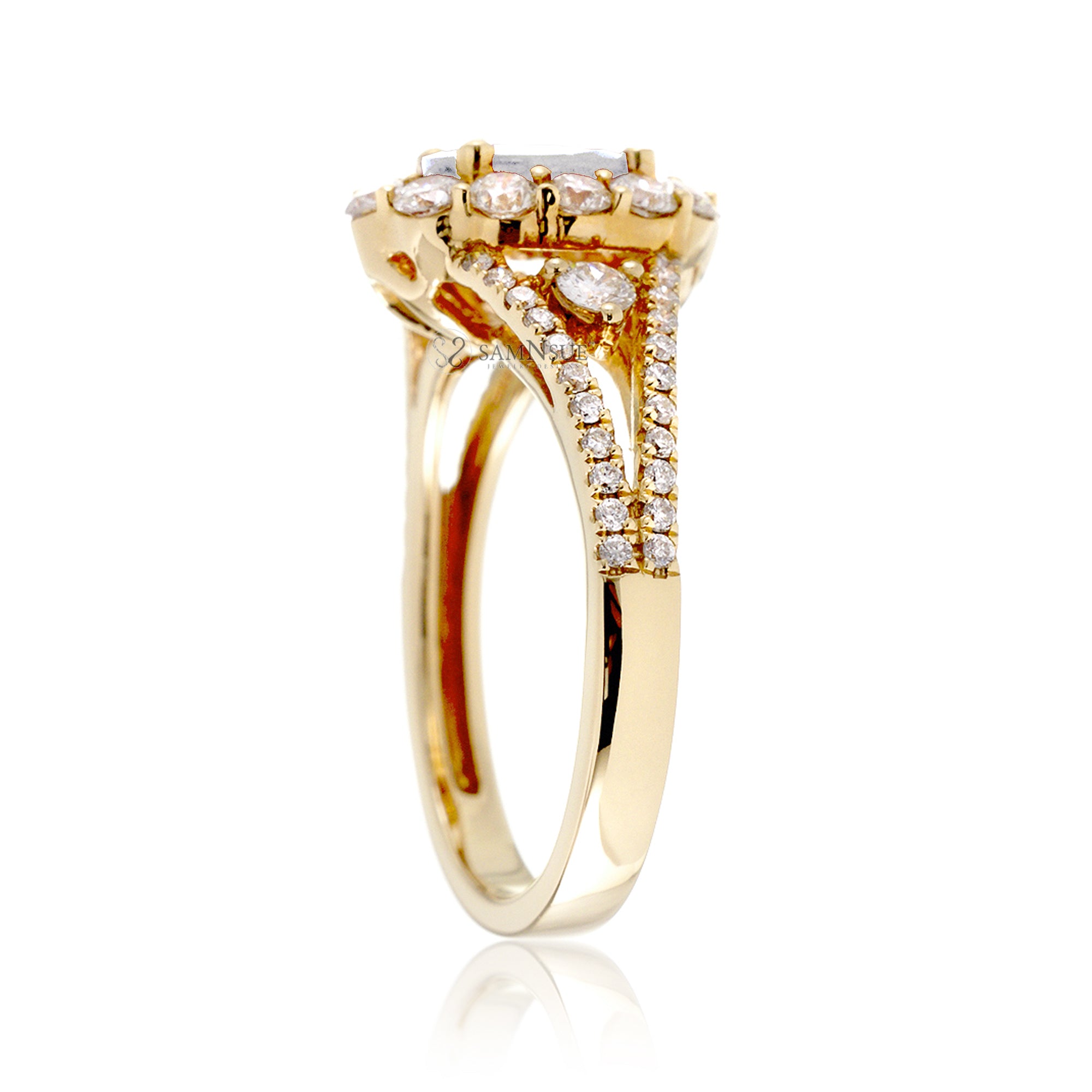 Oval diamond ring with halo split band and three stone design in yellow gold