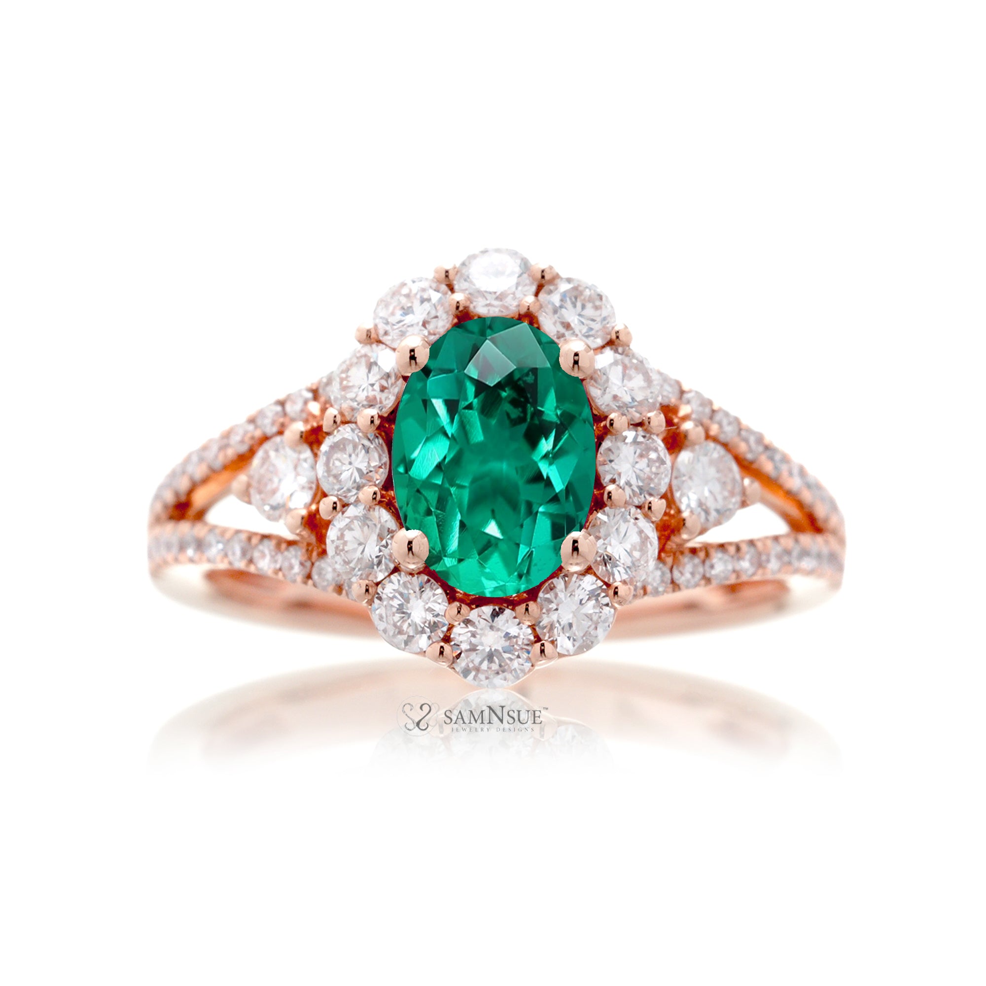 Oval cut green emerald ring with halo split band and three stone design ring rose gold
