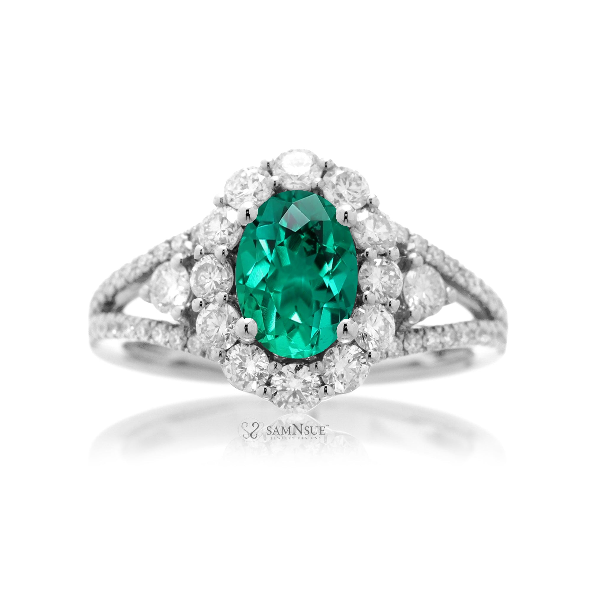 Oval cut green emerald ring with halo split band and three stone design ring white gold