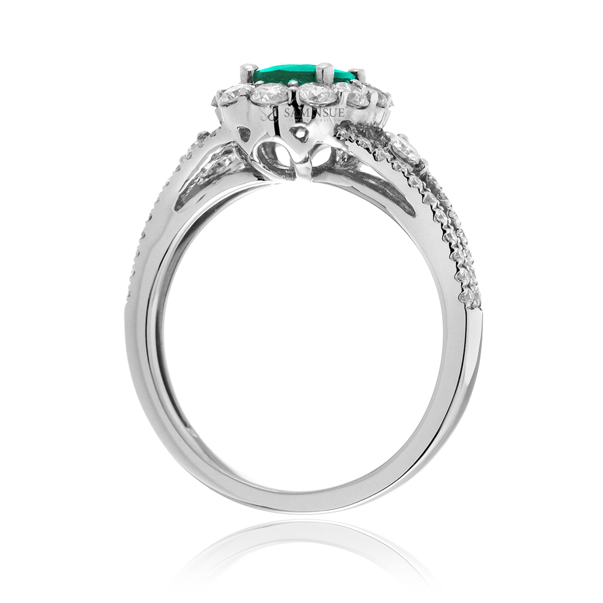 Oval cut green emerald ring with halo split band and three stone design ring white gold