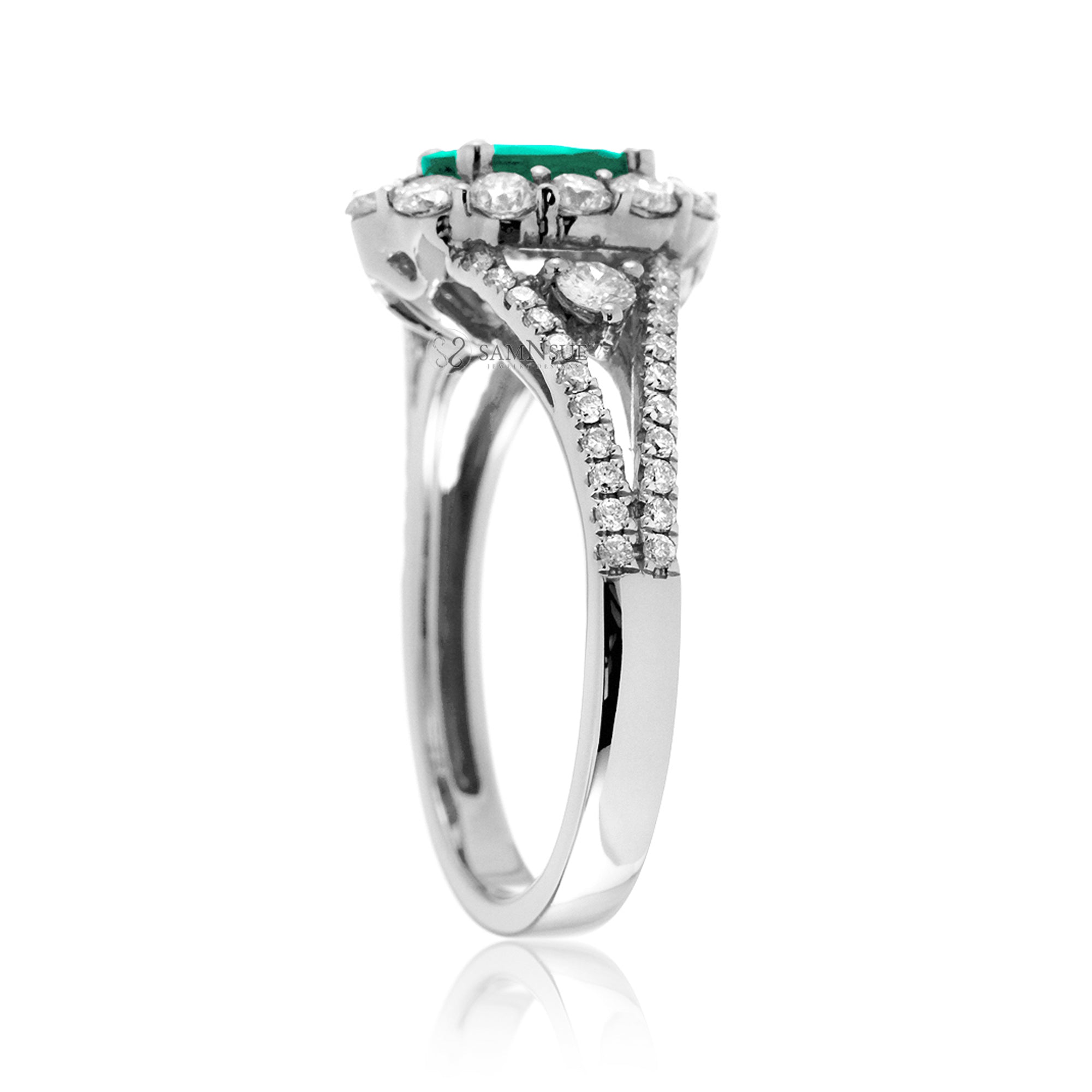 Oval cut green emerald ring with halo split band and three stone design ring white gold