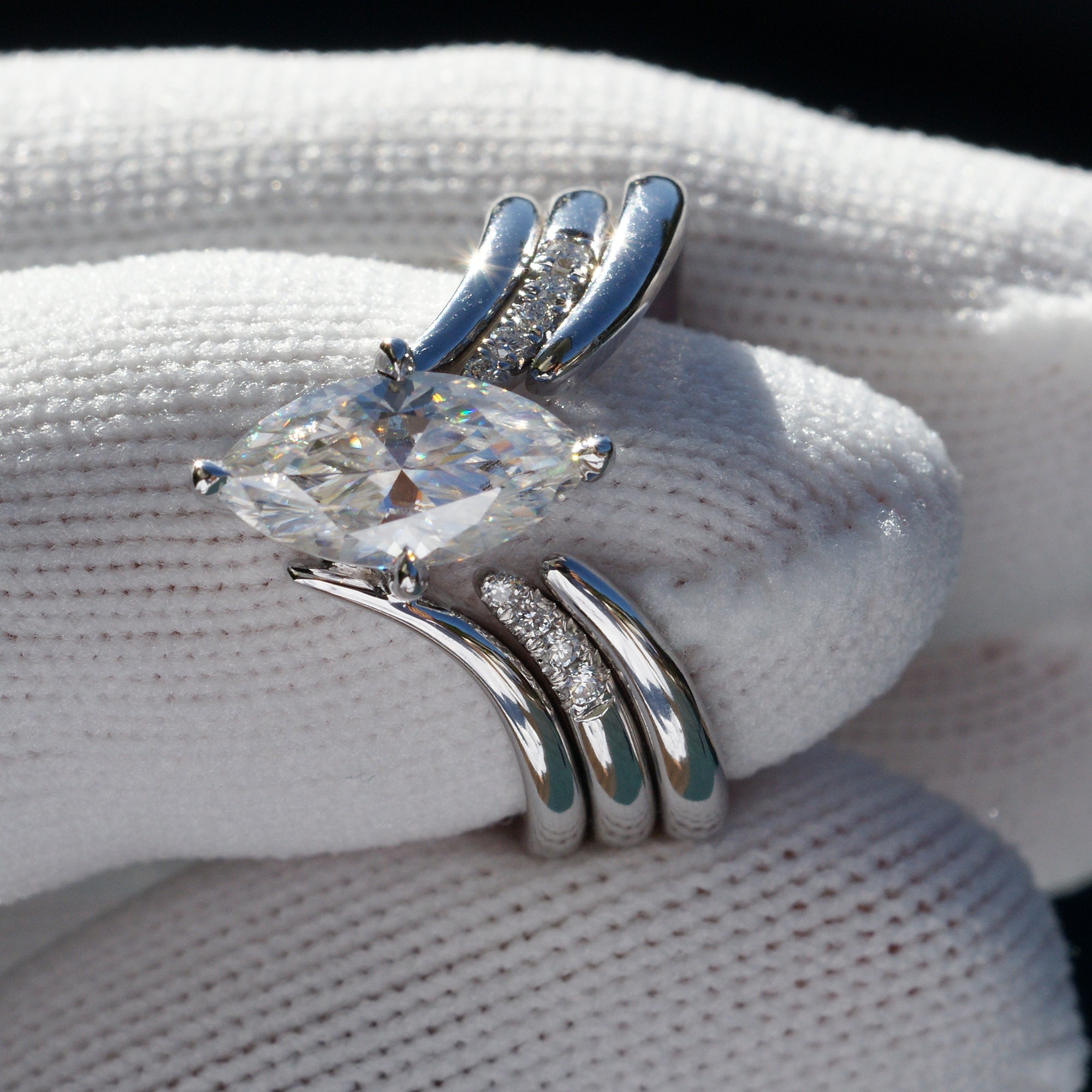 The Chevron Marquise Moissanite Ring Trio Wedding Set (3 Rings)