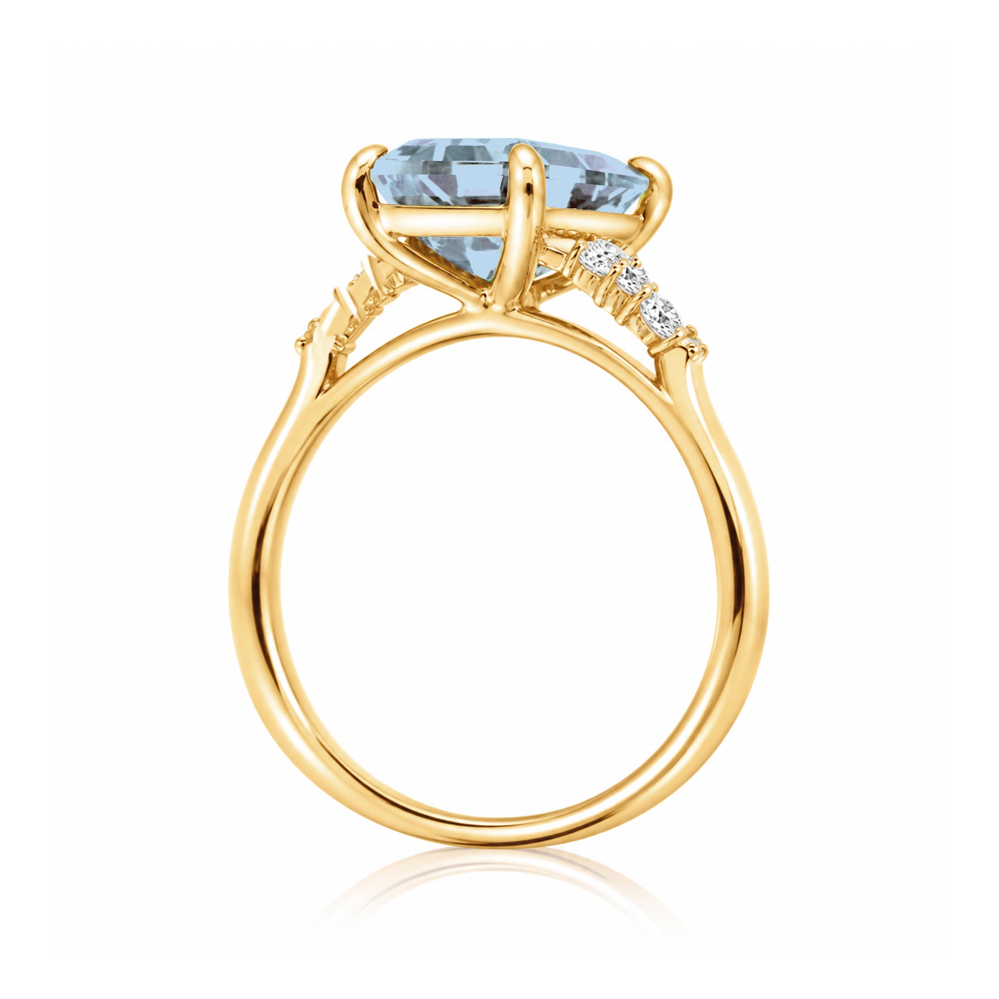 Aquamarine ring emerald cut with solid rounded band in yellow gold