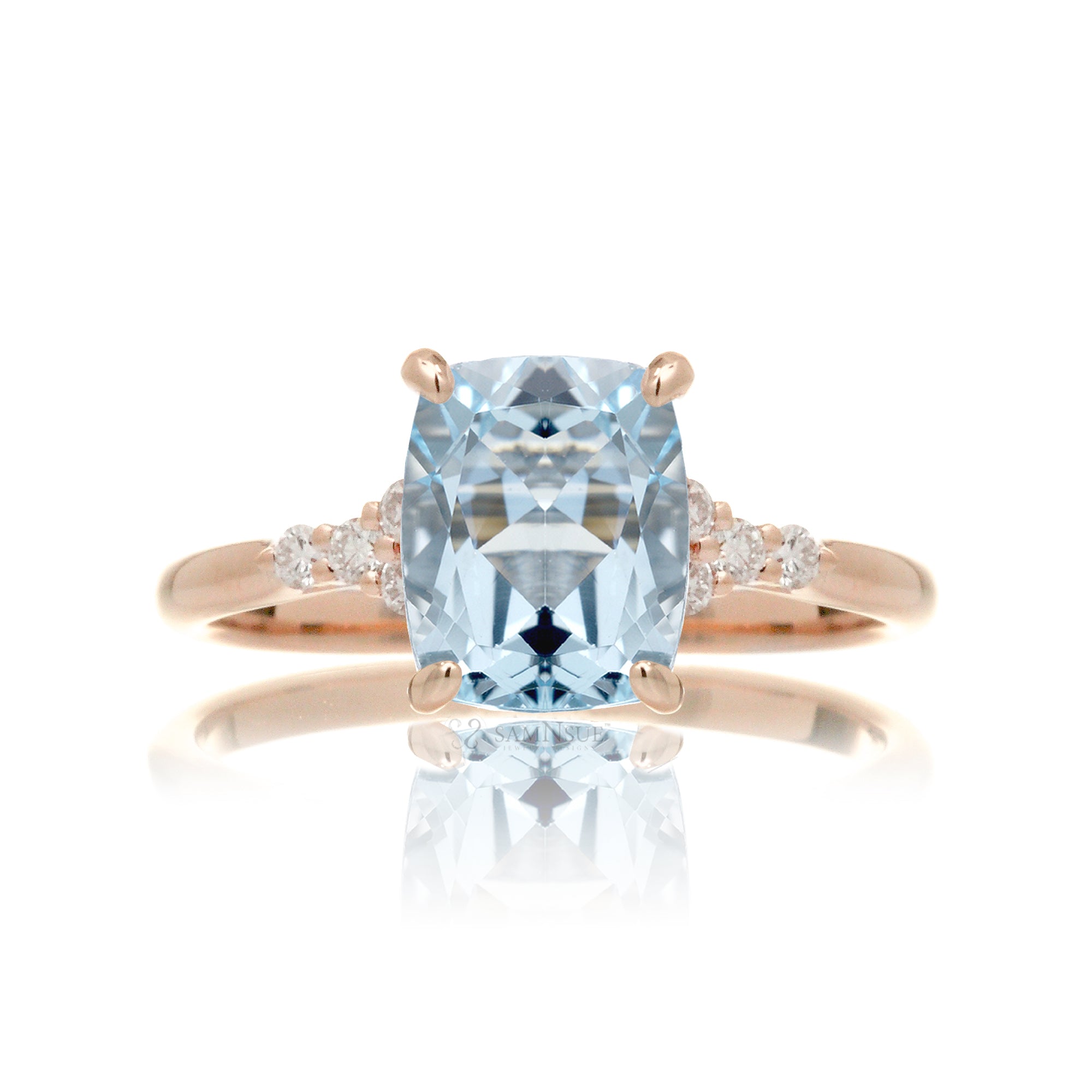 Aquamarine engagement ring cushion cut and solid band in rose gold