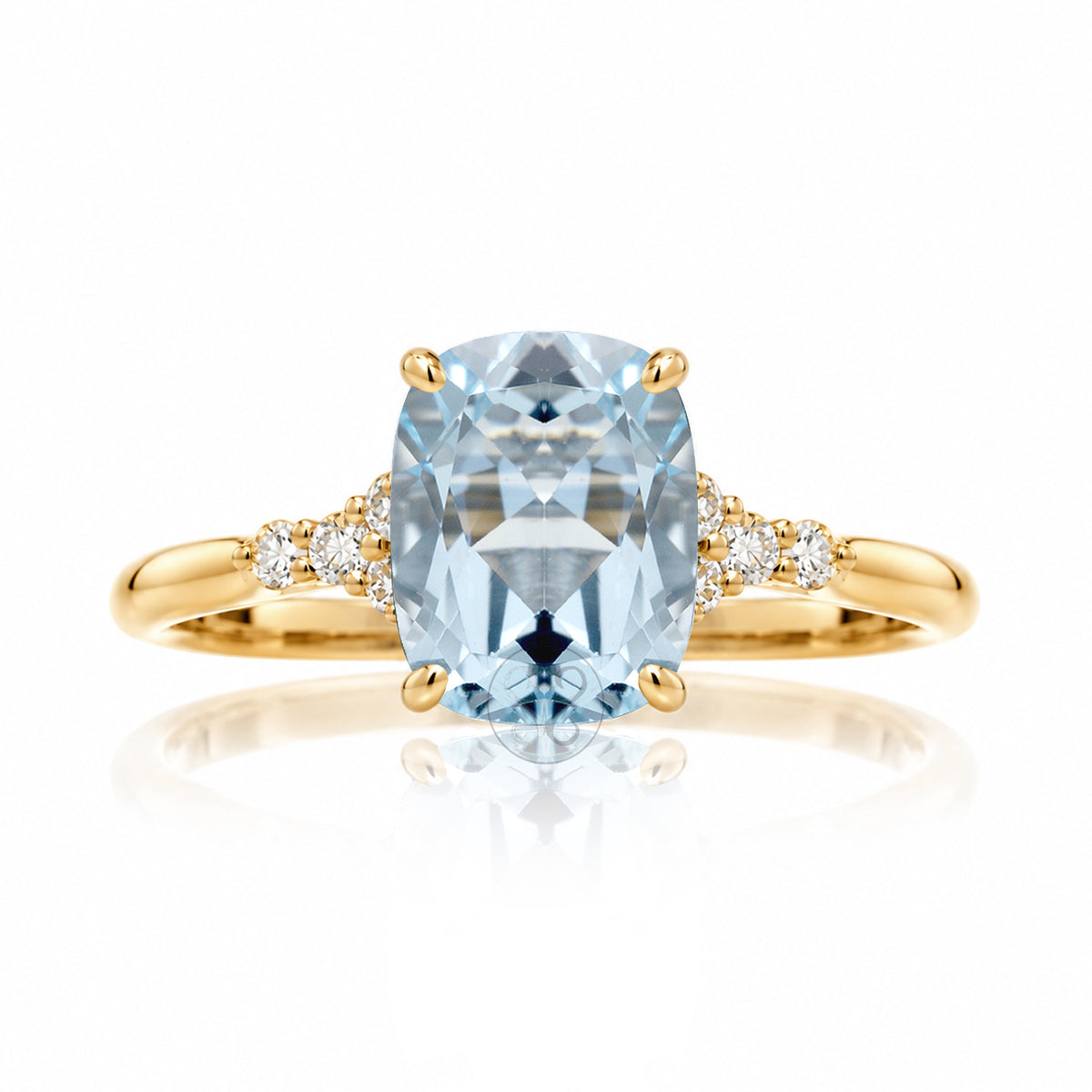 Aquamarine engagement ring cushion cut and solid band in yellow gold