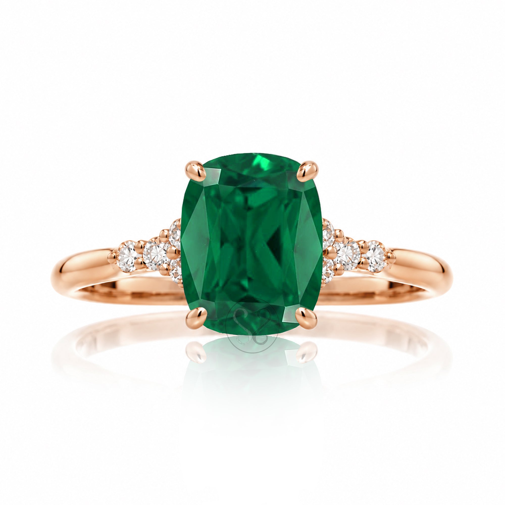 Cushion cut lab-grown emerald diamond three stone ring rose gold