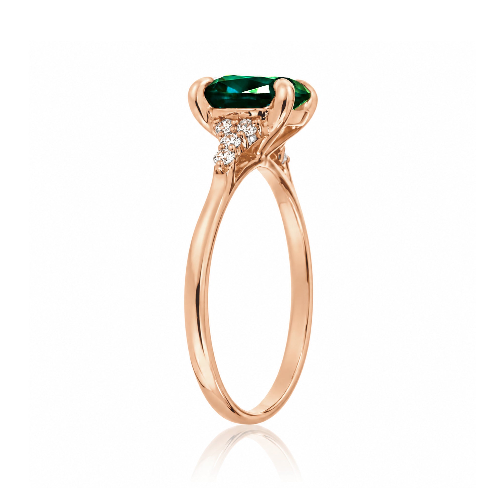 Cushion cut lab-grown emerald diamond three stone ring rose gold