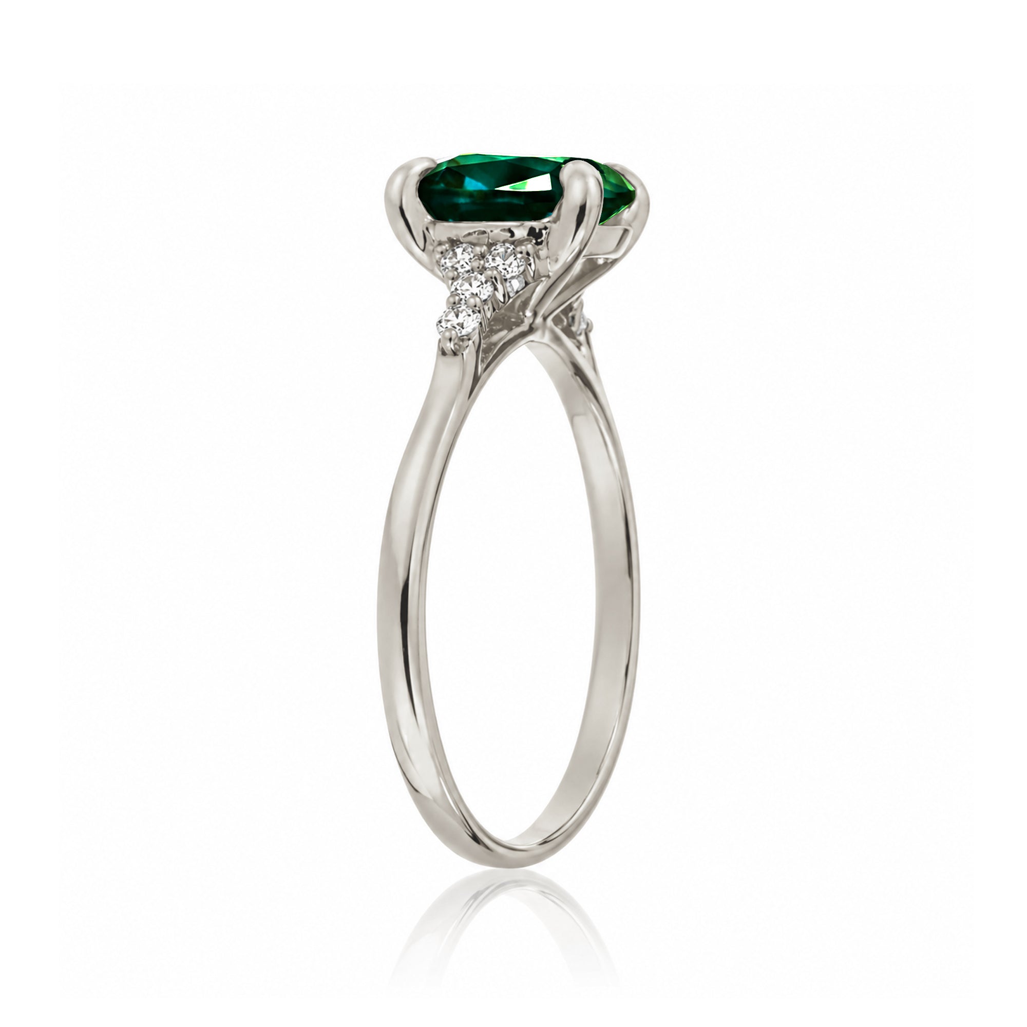 Cushion cut lab-grown emerald diamond three stone ring white gold