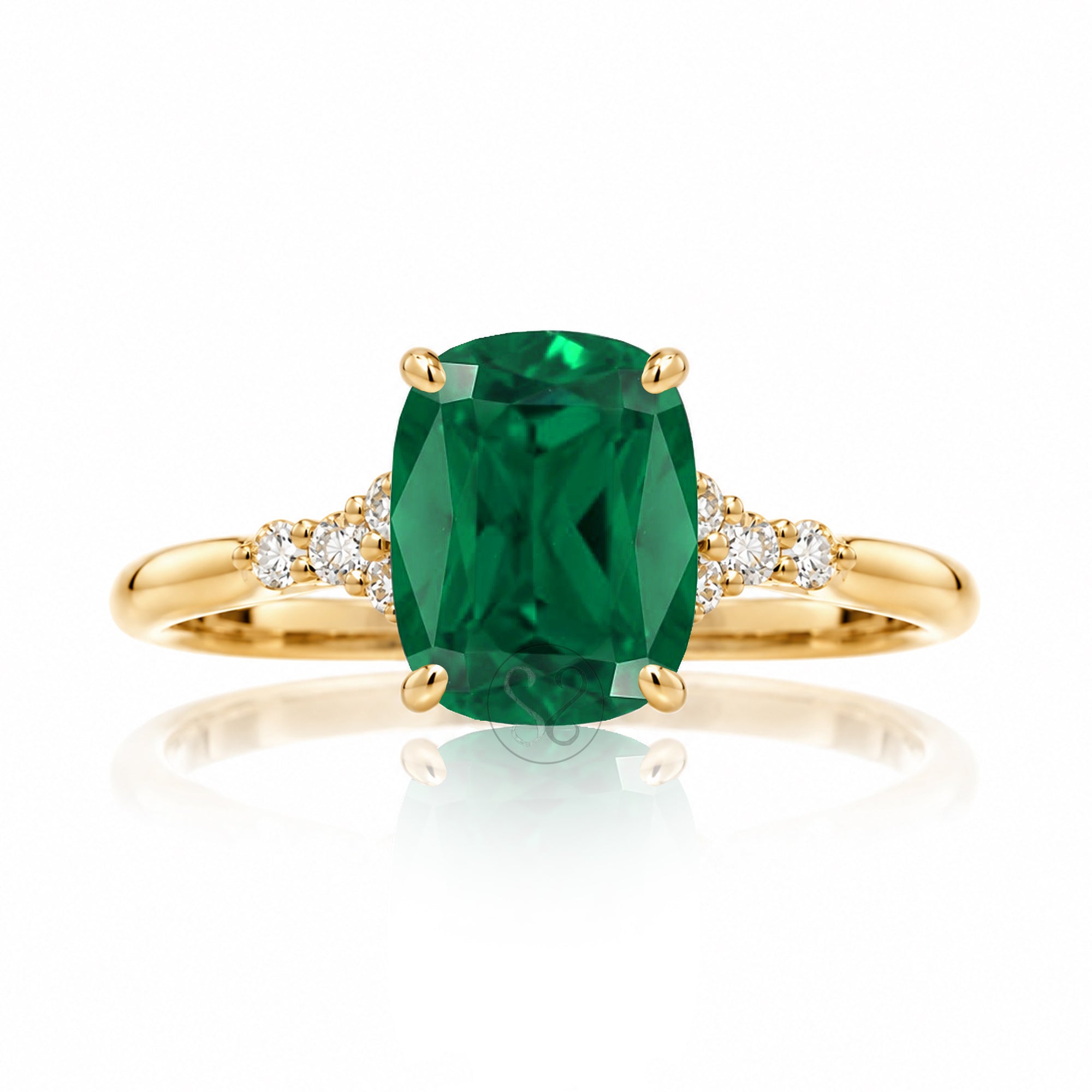 Cushion cut lab-grown emerald diamond three stone ring yellow gold