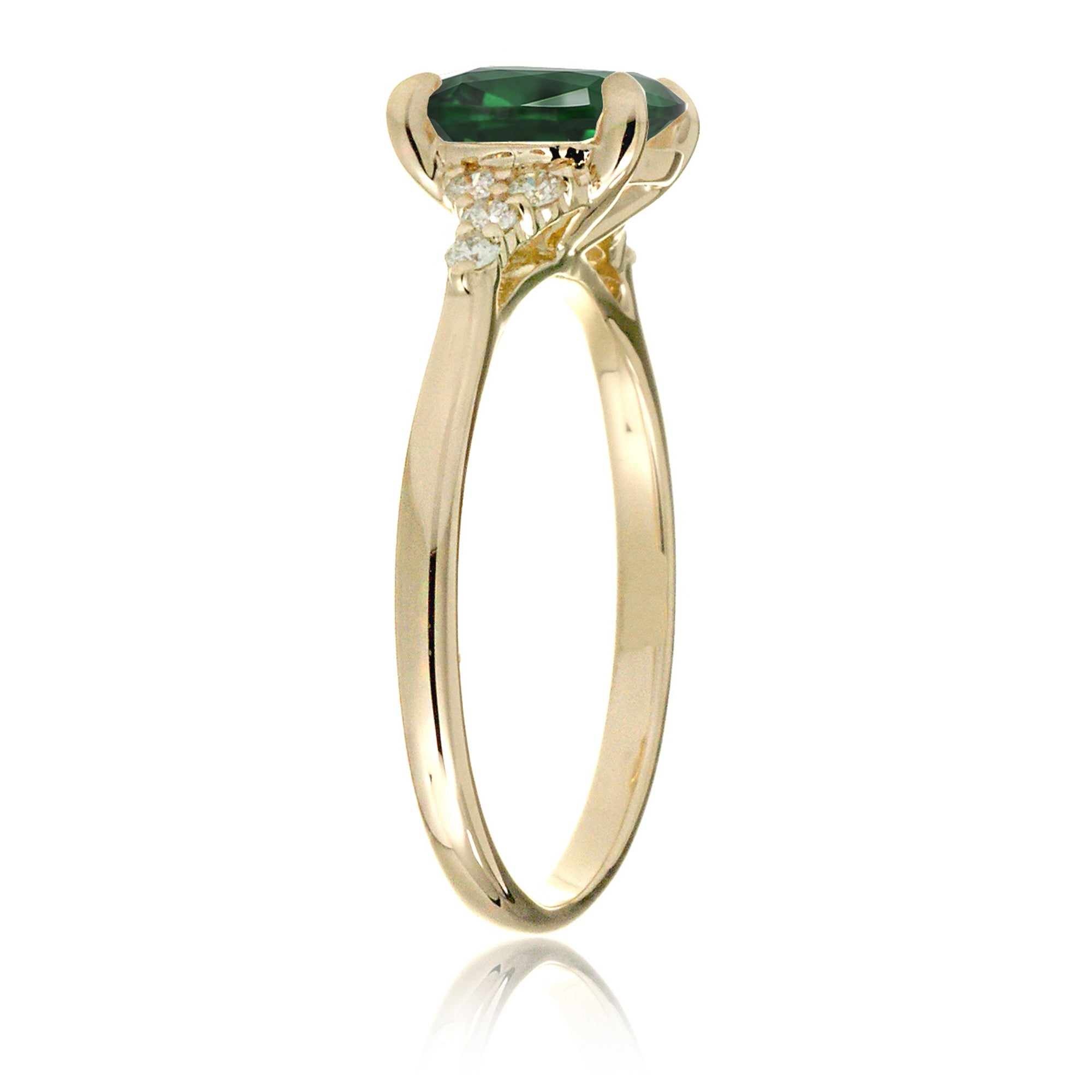 Cushion cut lab-grown emerald diamond three stone ring yellow gold