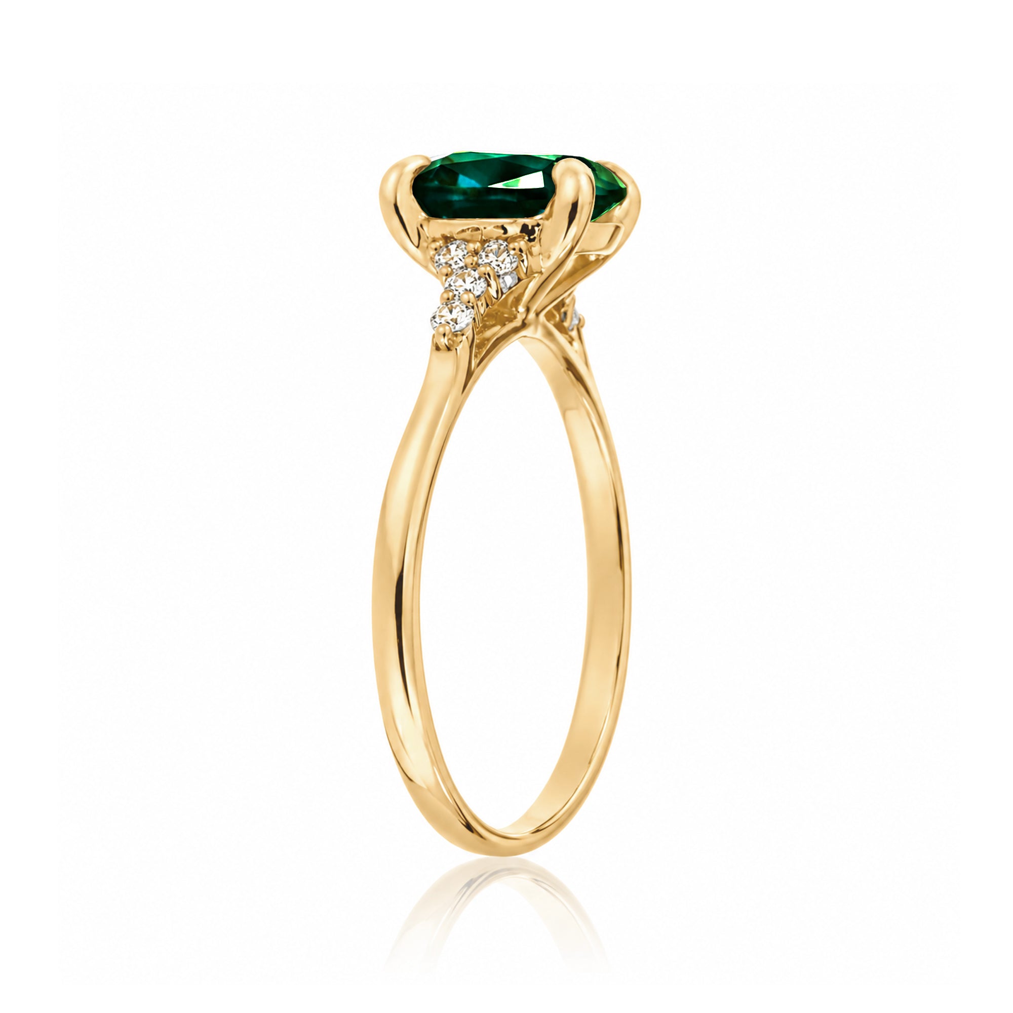 Cushion cut lab-grown emerald diamond three stone ring yellow gold