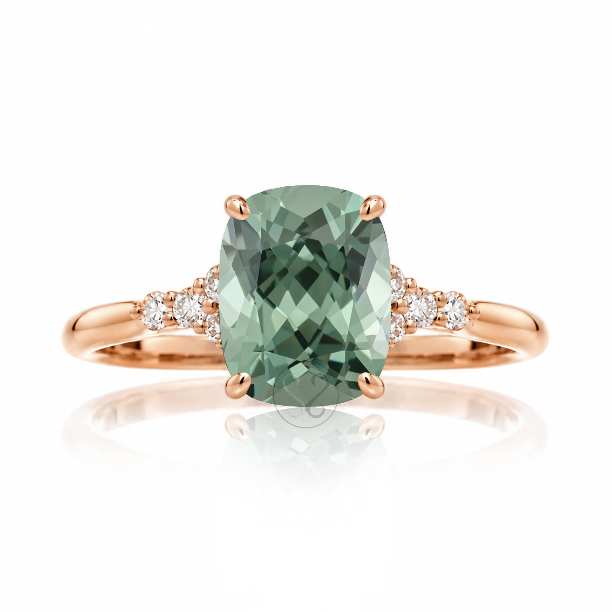 Cushion cut lab-grown green sapphire diamond ring rose gold