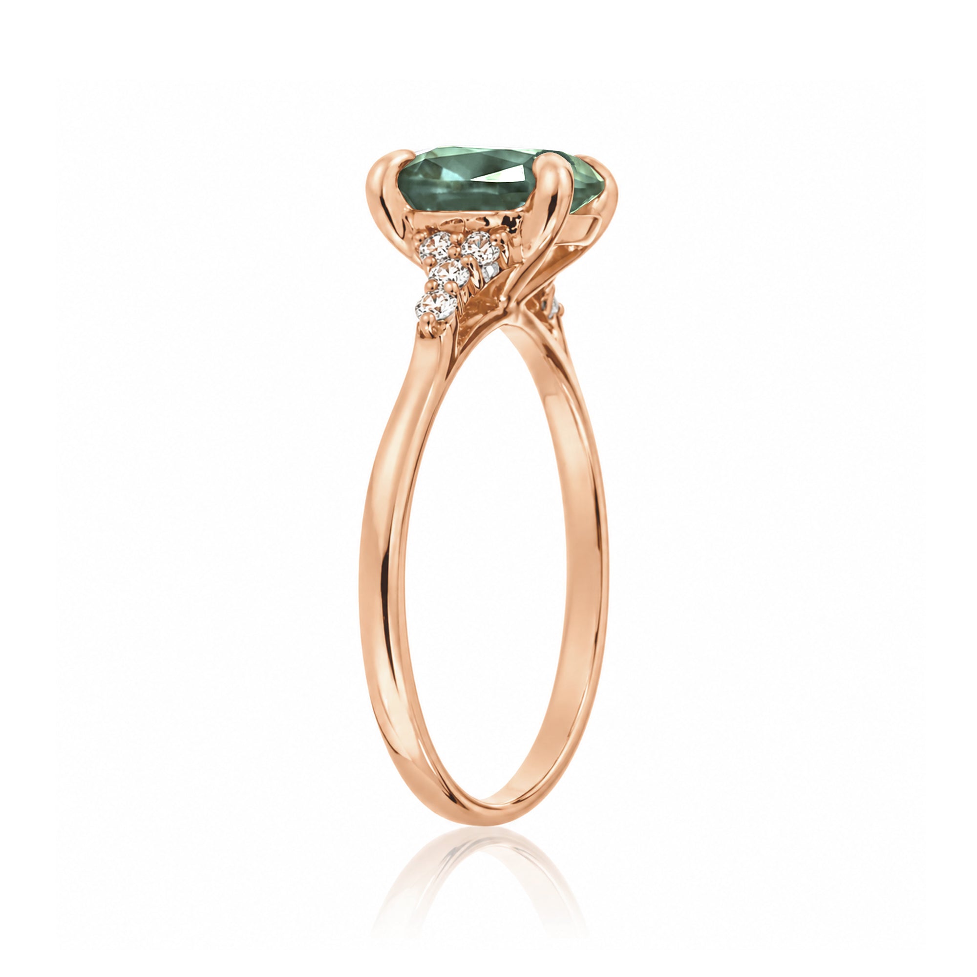 Cushion cut lab-grown green sapphire diamond ring rose gold