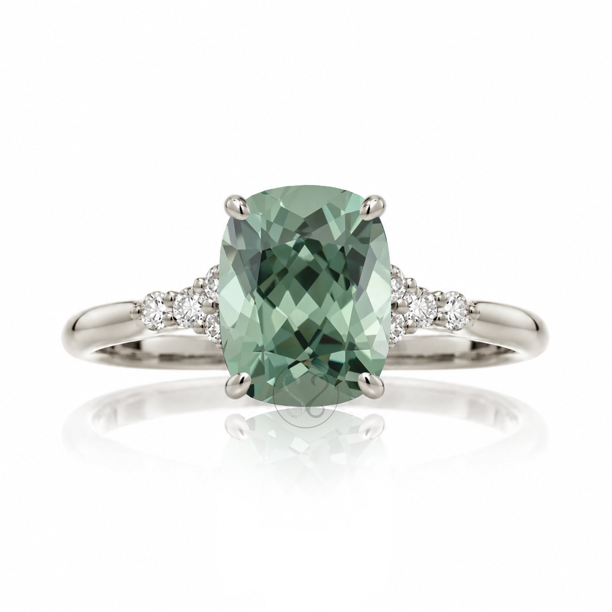 Cushion cut lab-grown green sapphire diamond ring white gold