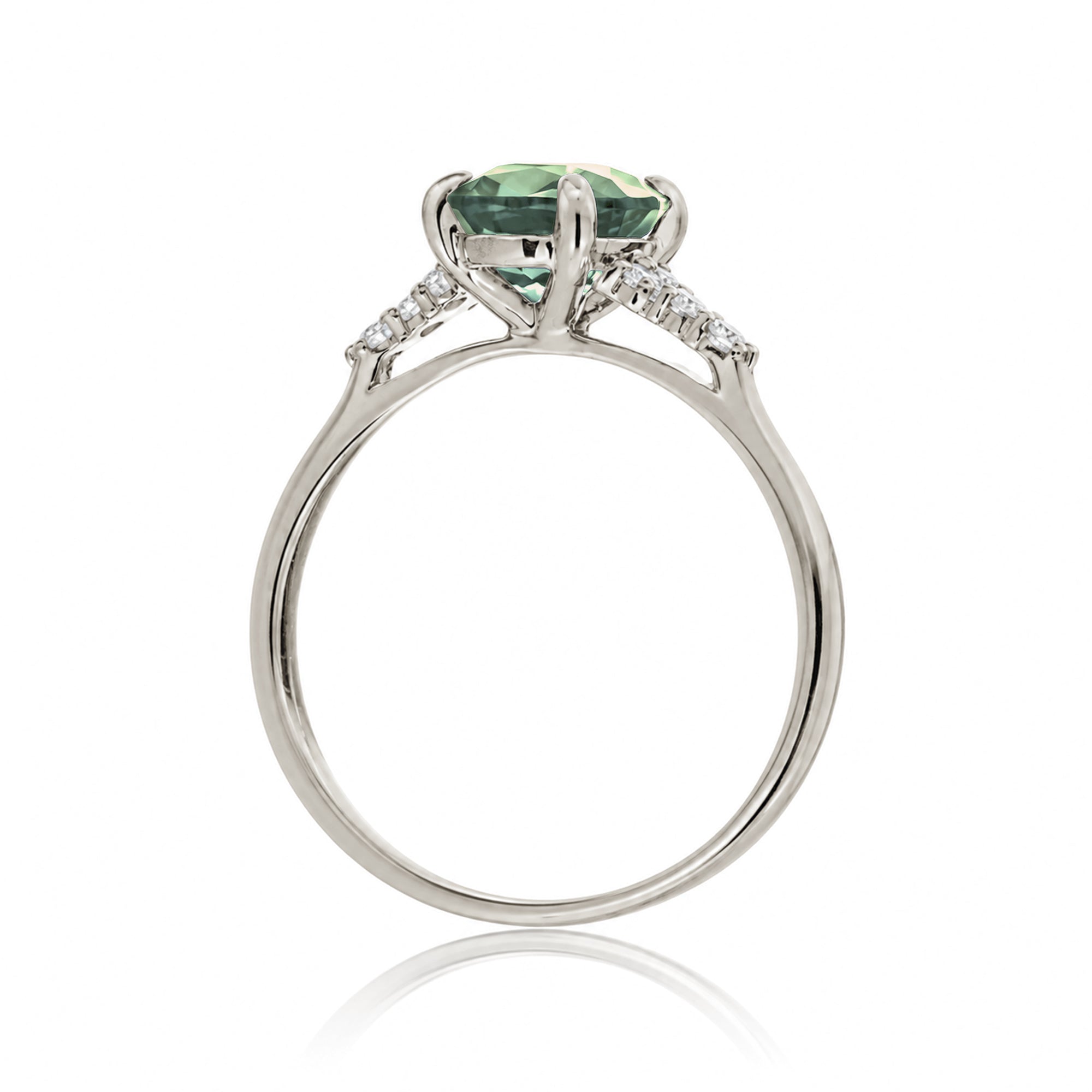 Cushion cut lab-grown green sapphire diamond ring white gold