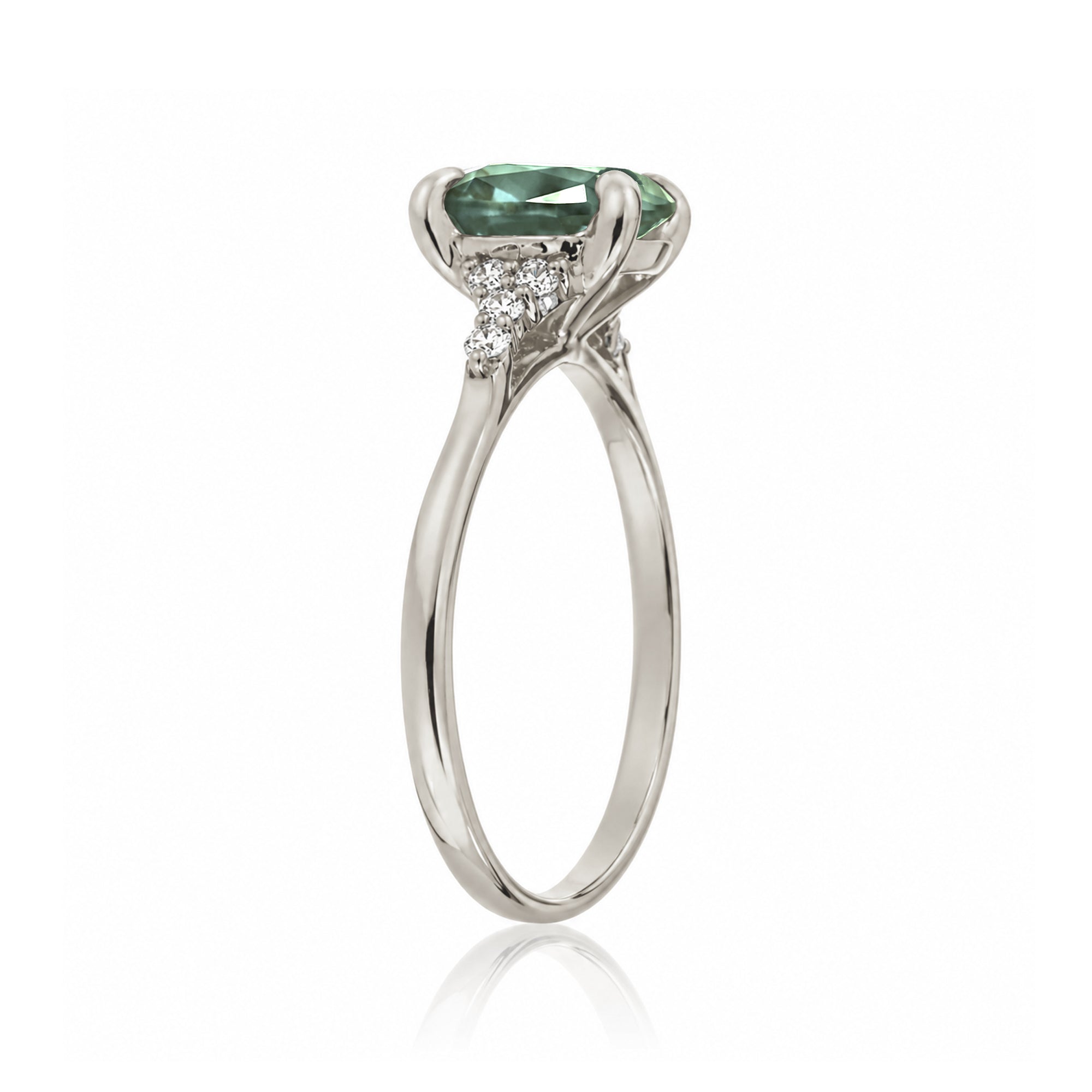 Cushion cut lab-grown green sapphire diamond ring white gold