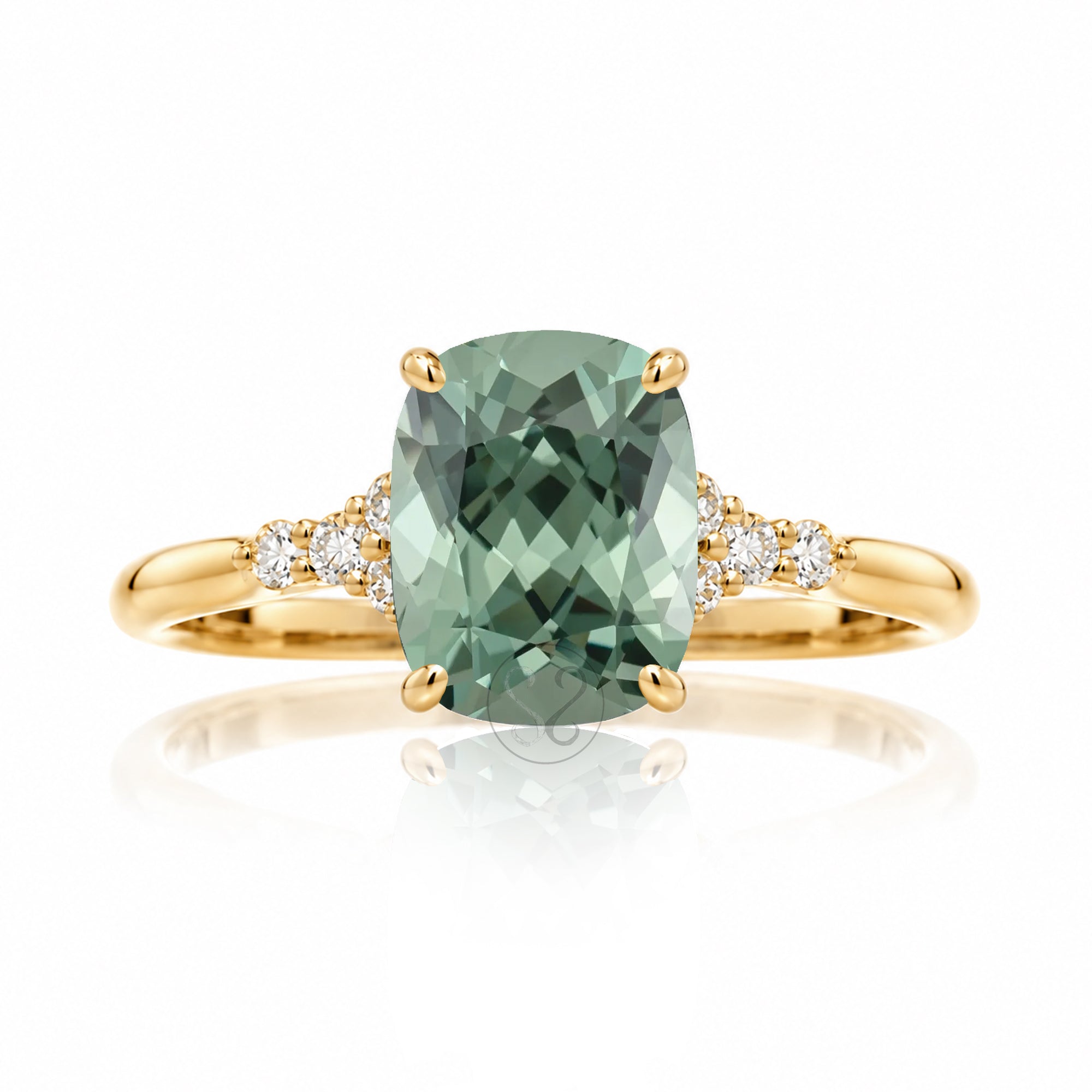 Cushion cut lab-grown green sapphire diamond ring yellow gold