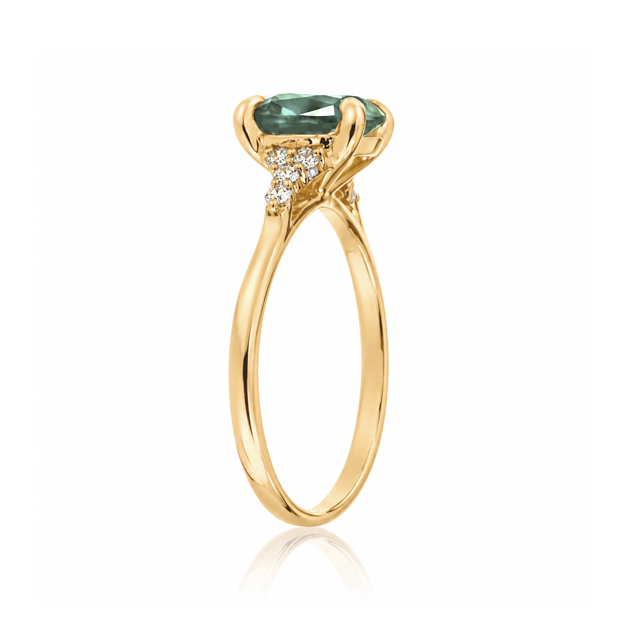 Cushion cut lab-grown green sapphire diamond ring yellow gold