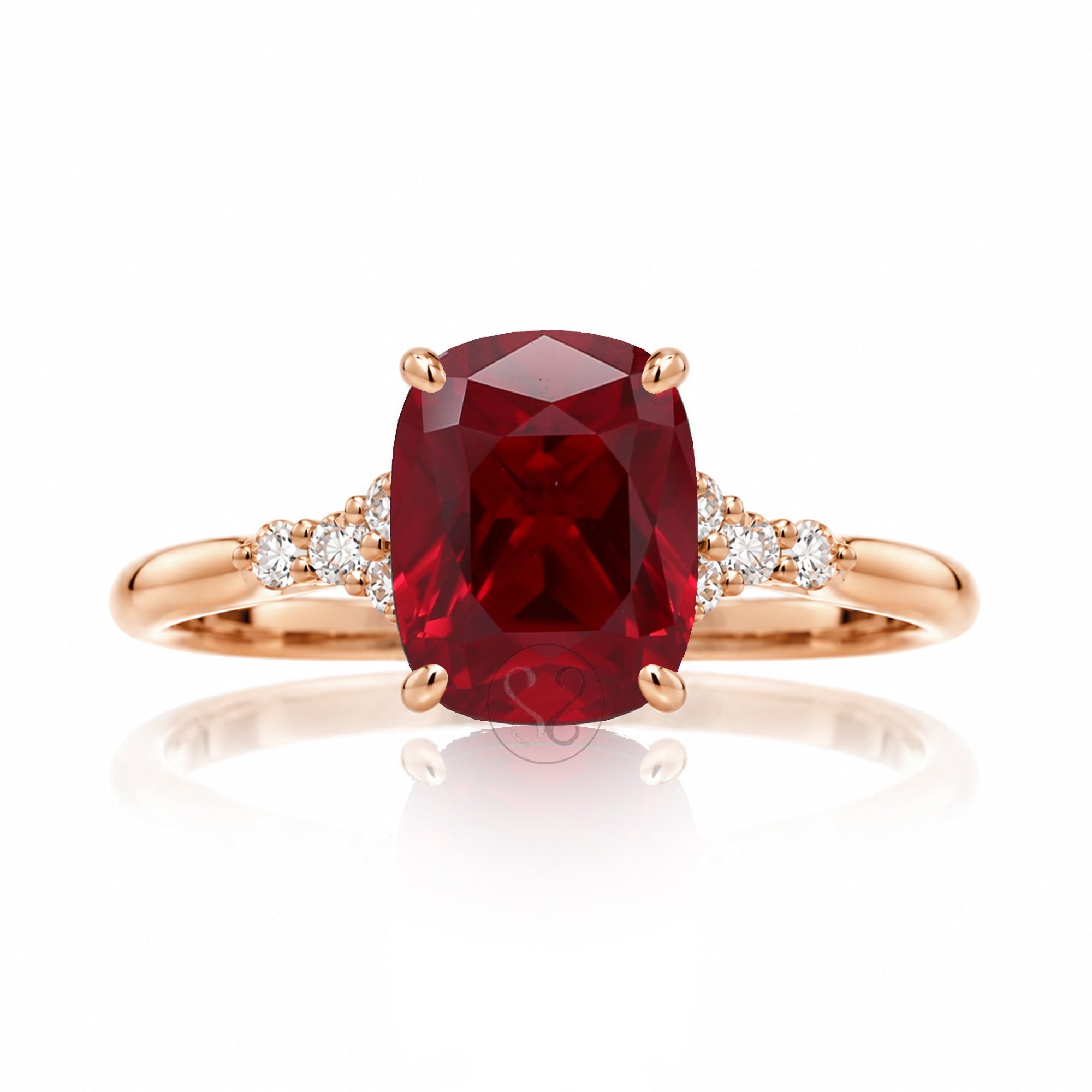 Cushion cut lab-grown ruby and diamond ring rose gold