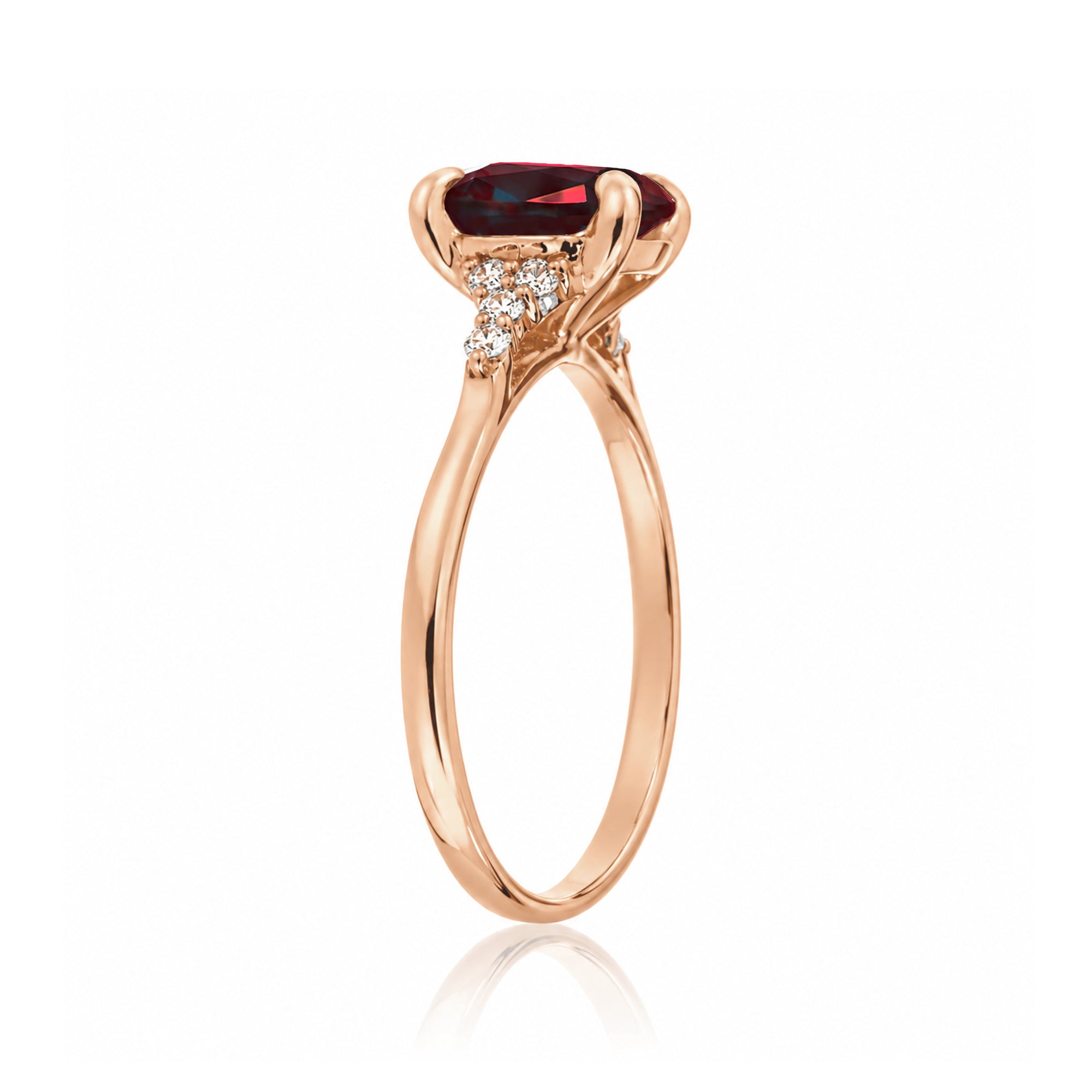 Cushion cut lab-grown ruby and diamond ring rose gold