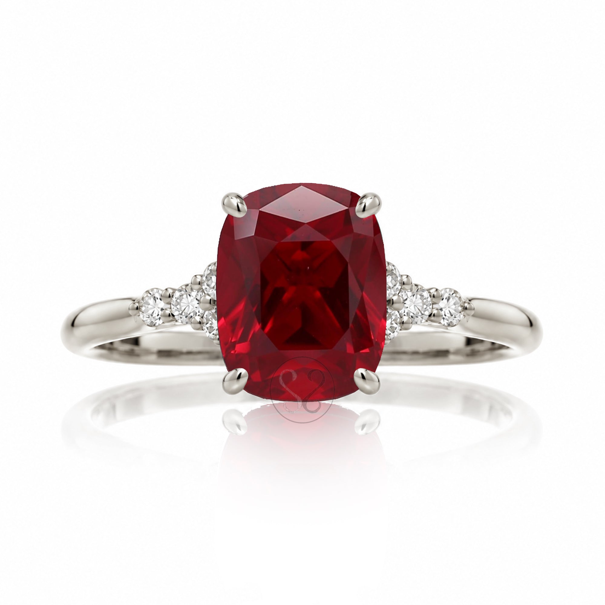 Cushion cut lab-grown ruby and diamond ring white gold